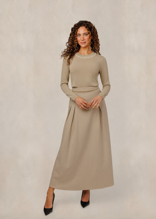 Tan Skirt With Gem Waist Trim