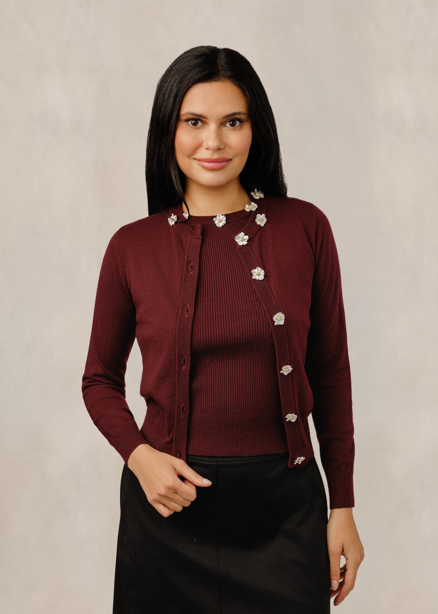 Floral Button Twin Set - Burgundy