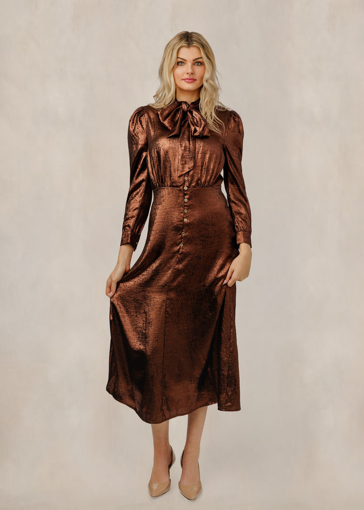 Bronze Button Down Dress With Neck Tie