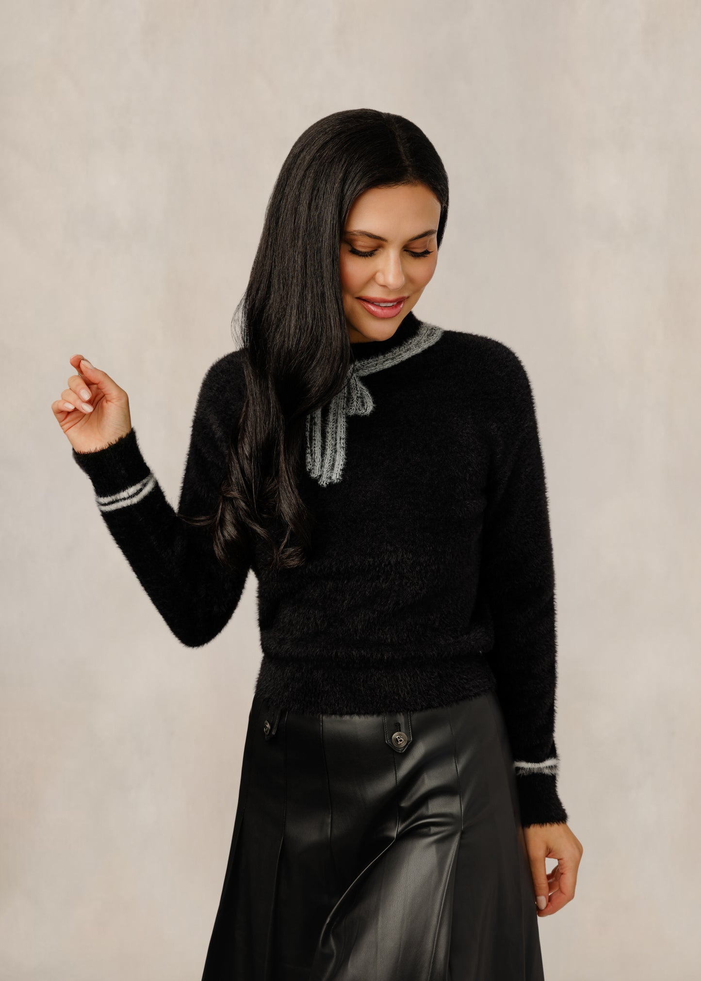 Black Sweater With Neck Tie - TW61230T-A