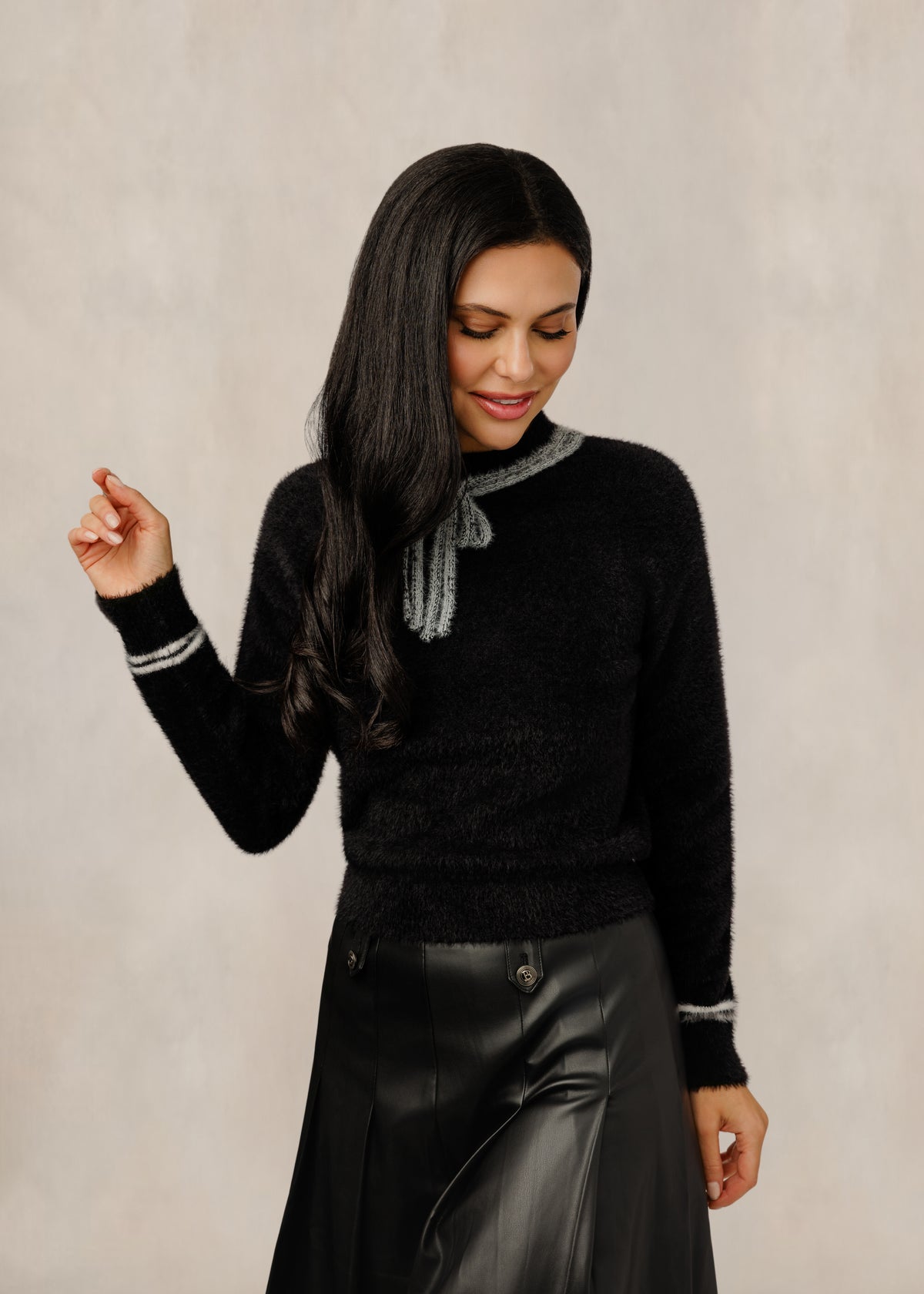 Black Sweater With Neck Tie - TW61230T-A