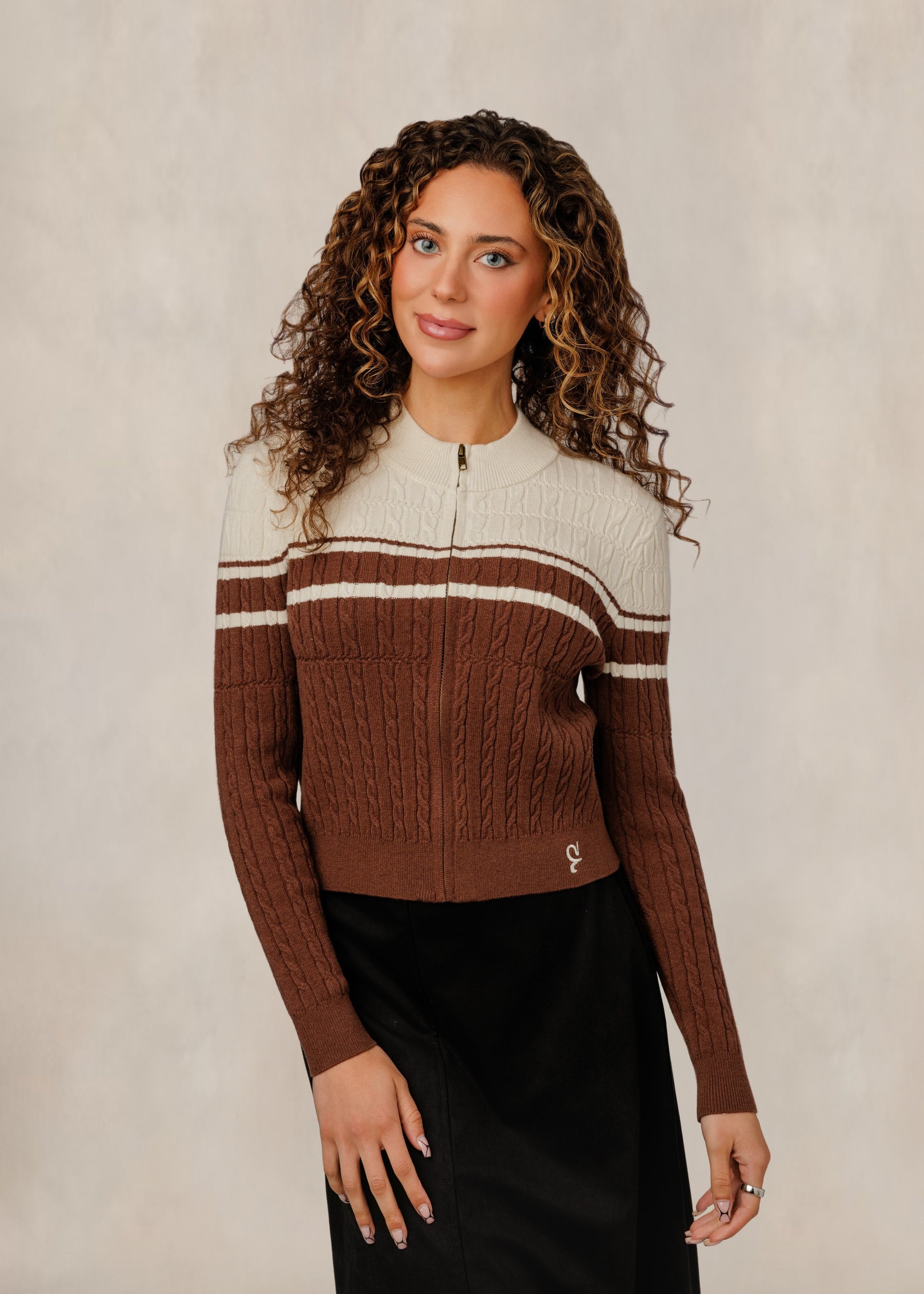 Ivory & Brown Zip-Up Cable Knit Cardigan