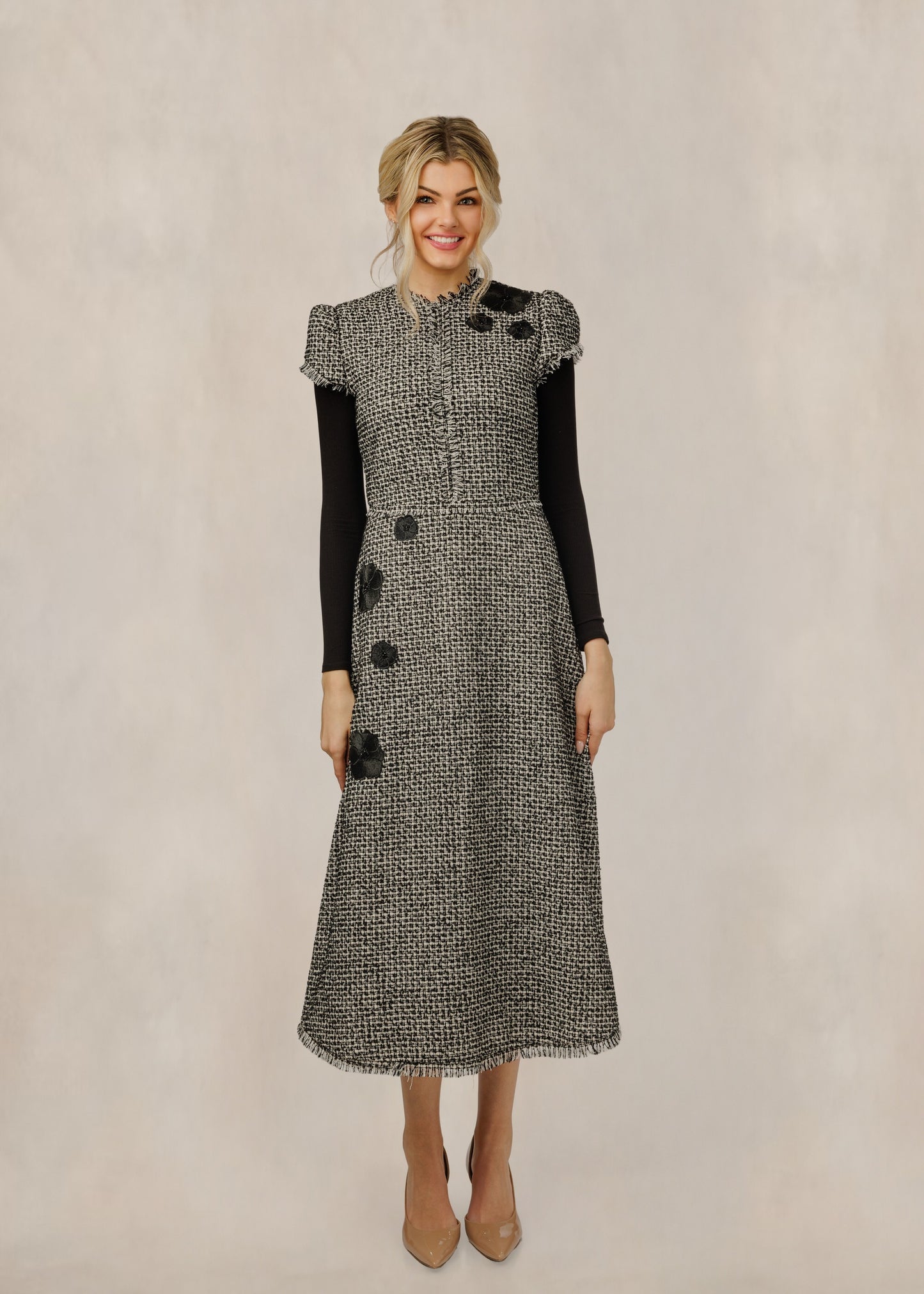 Grey Tweed Dress With Floral Accents