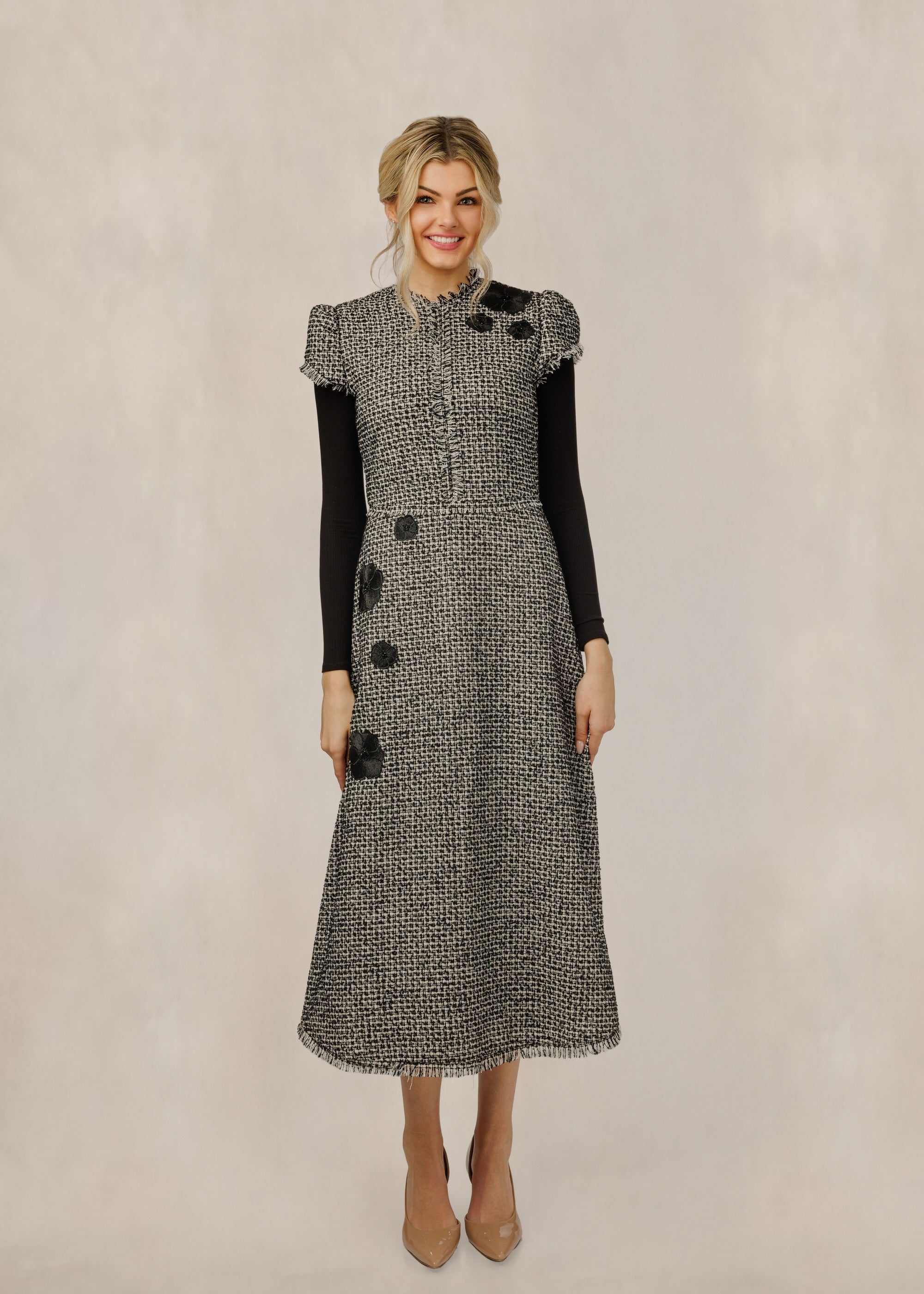 Grey Tweed Dress With Floral Accents
