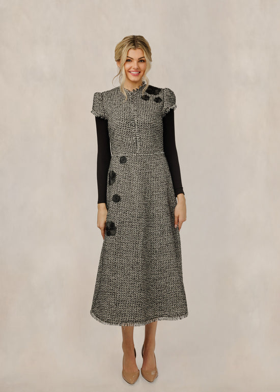 Grey Tweed Dress With Floral Accents