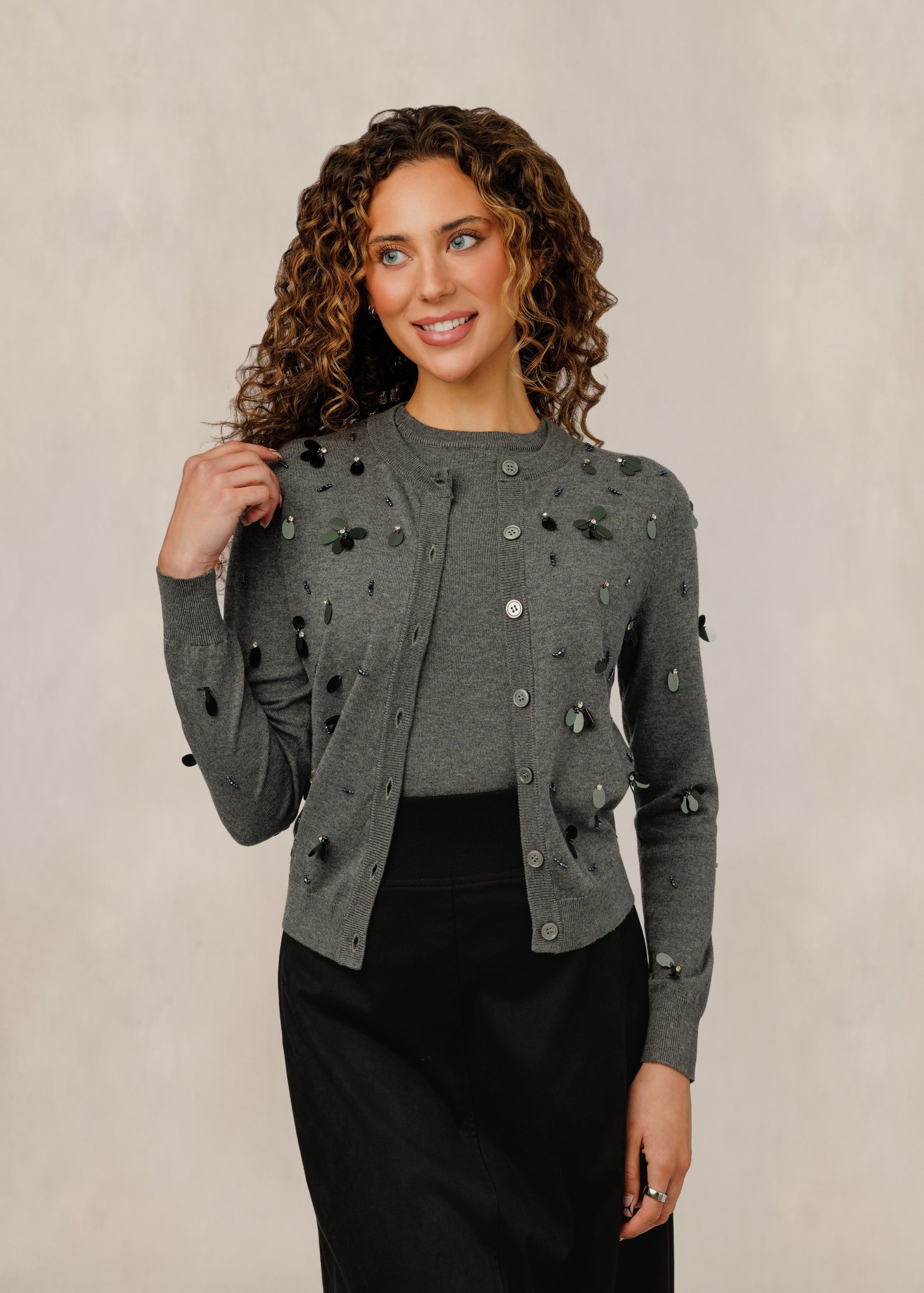 Grey Flower Petals Sequin Twin Set - Plus Size