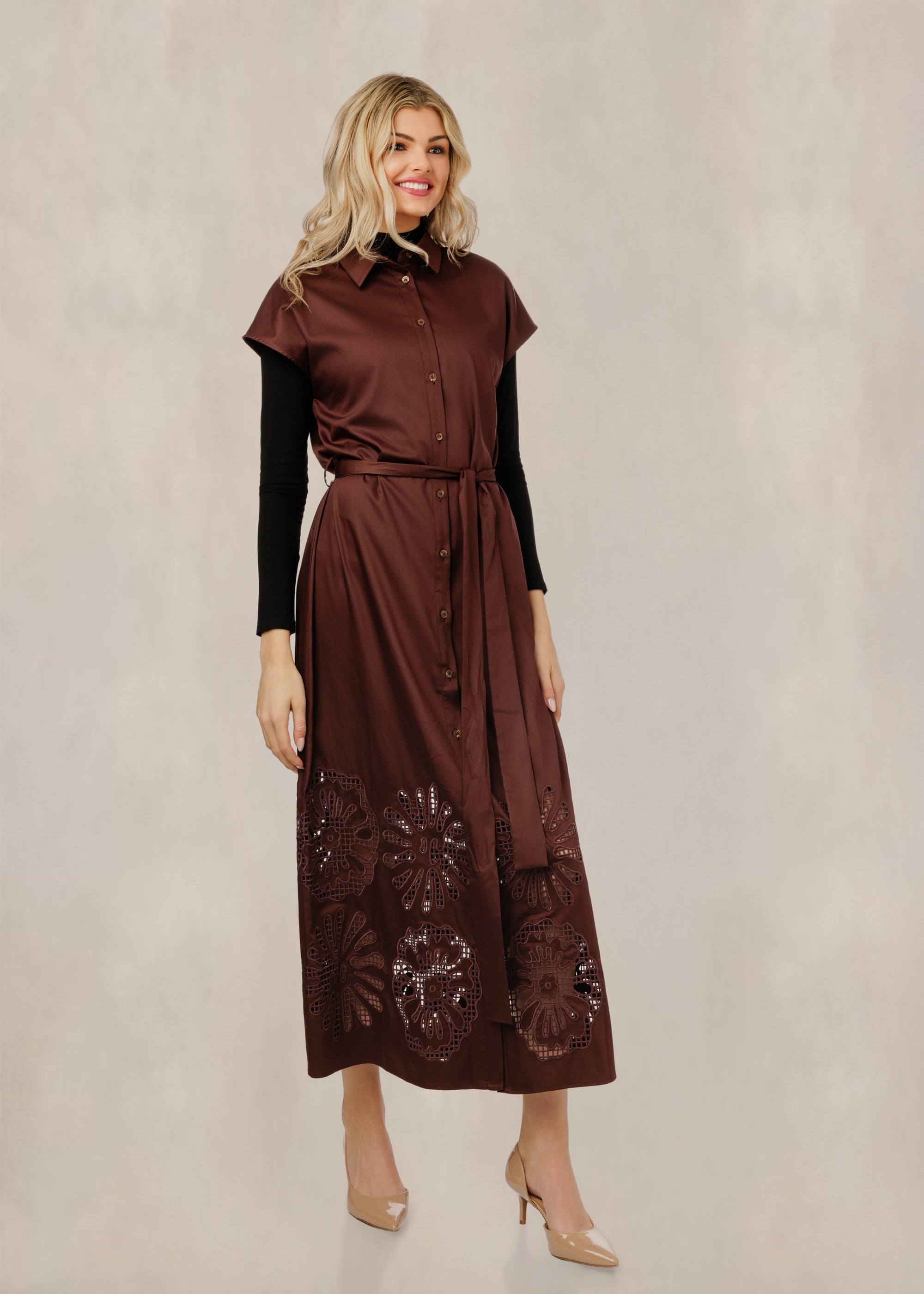 Brown Silk Jumper With Floral Embroidery