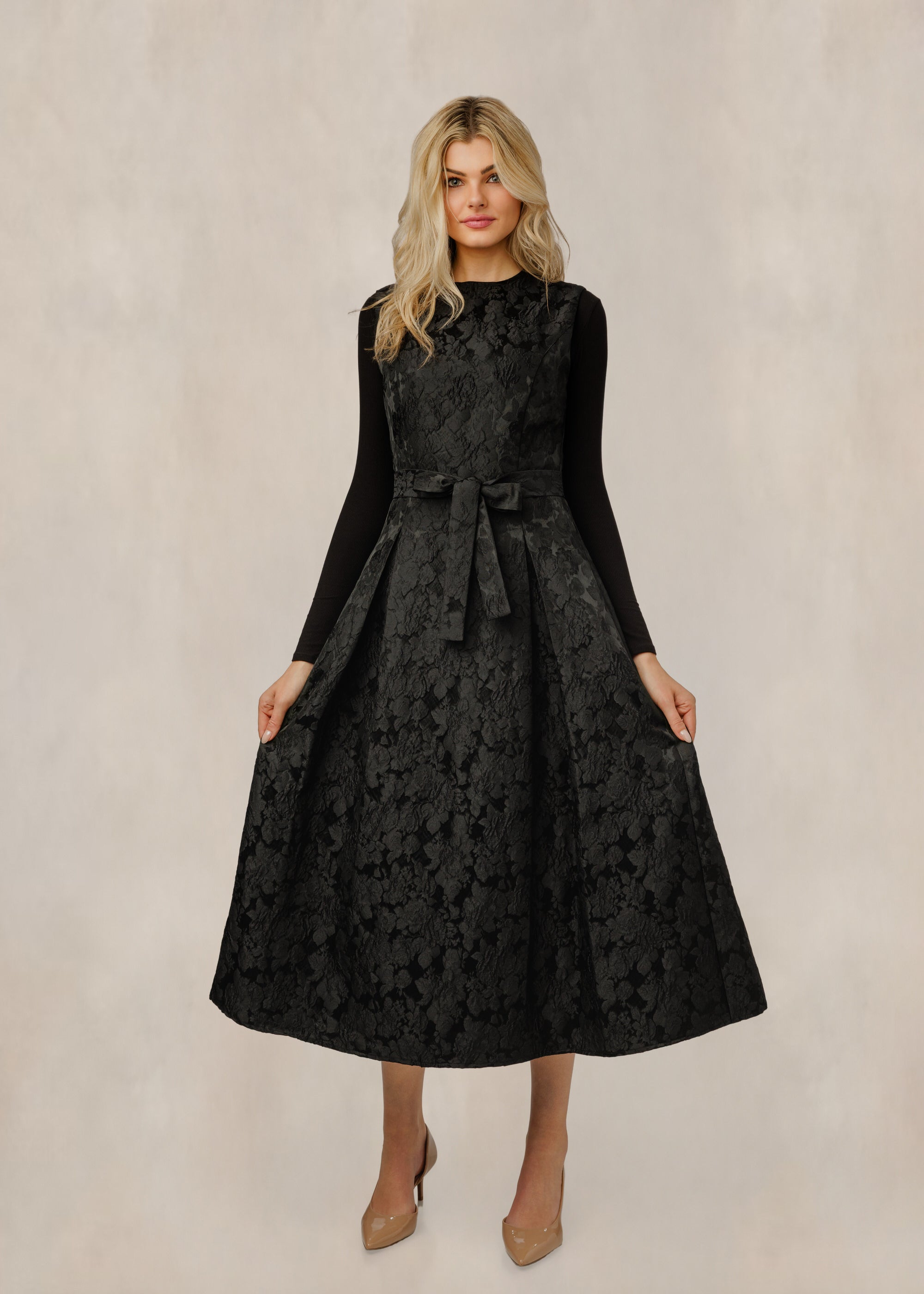Black Tie Front Floral Patterned Dress