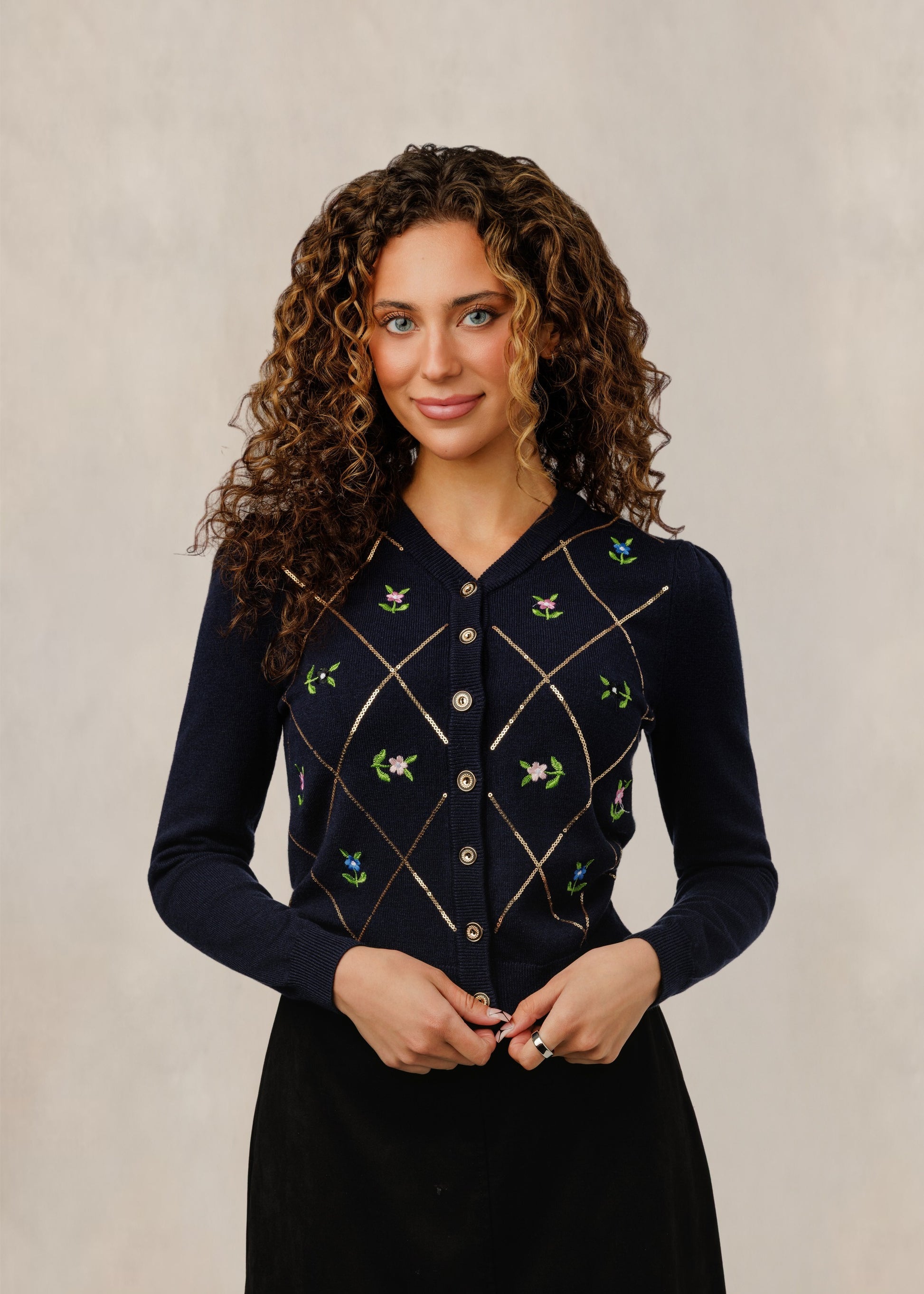 Navy Diamond Sequinned Floral Cardigan
