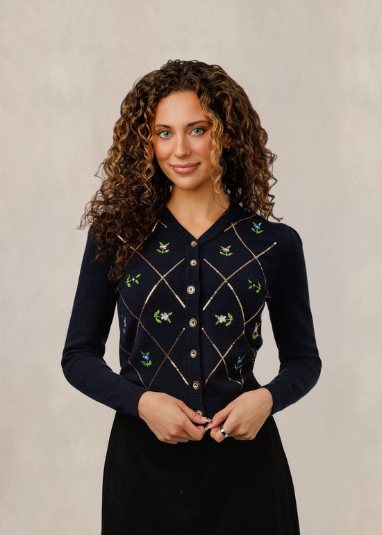 Navy Diamond Sequinned Floral Cardigan
