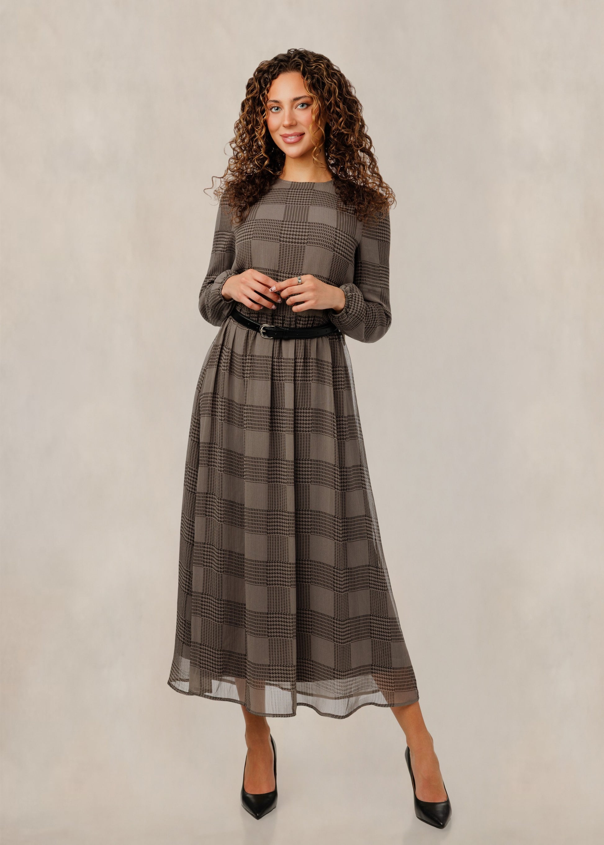 Brown Grid Chiffon Dress With Belt