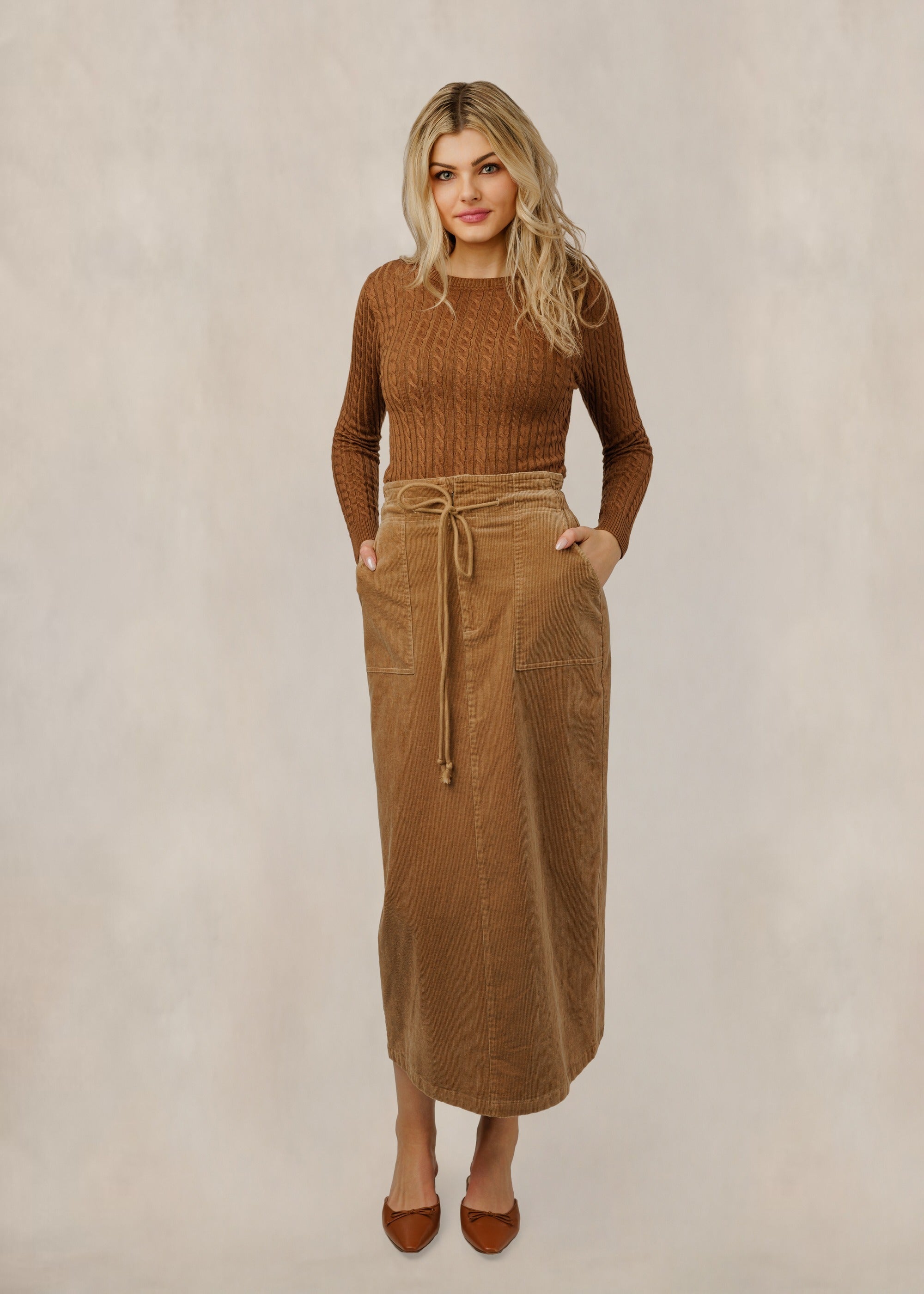 Corduroy Drawstring Column Skirt - Caramel