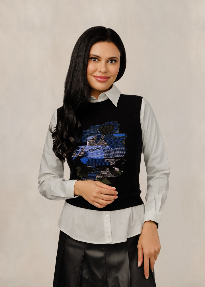 Button Down Blouse With Black And Blue Embroidered Sweater Vest