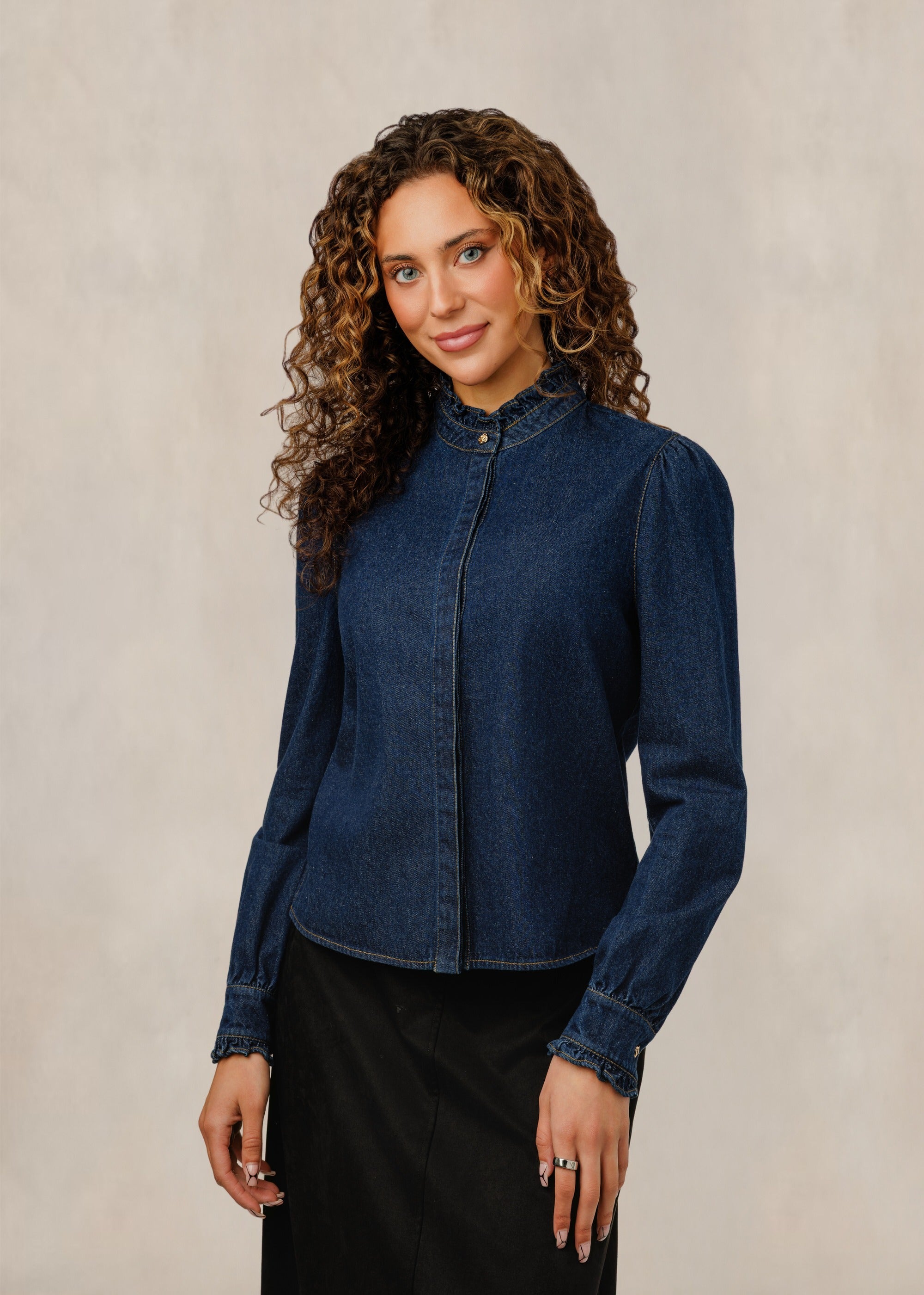 Mandarin Collar W/ Ruffle Denim Shirt