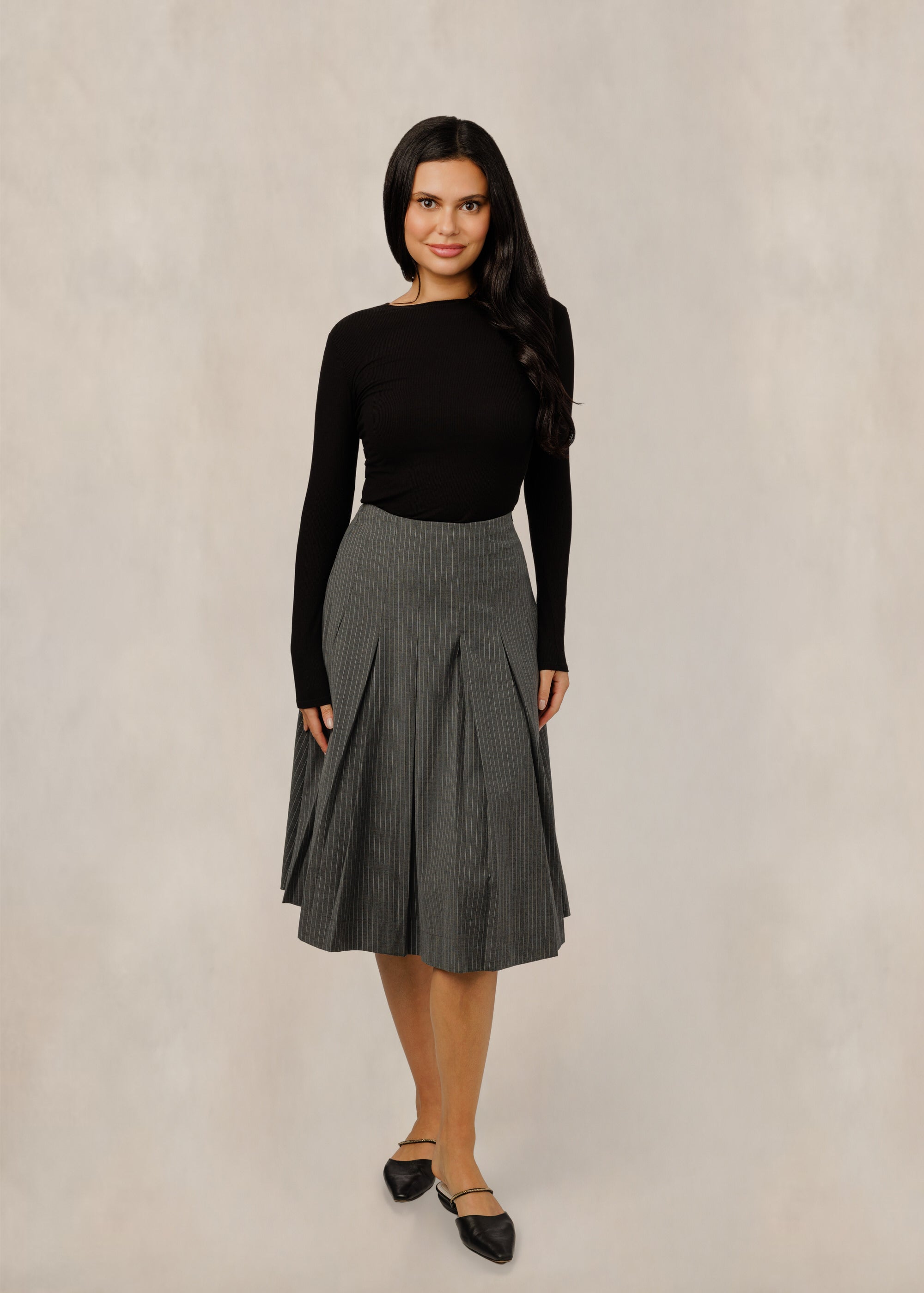 Charcoal Pinstripe Pleated Midi Skirt