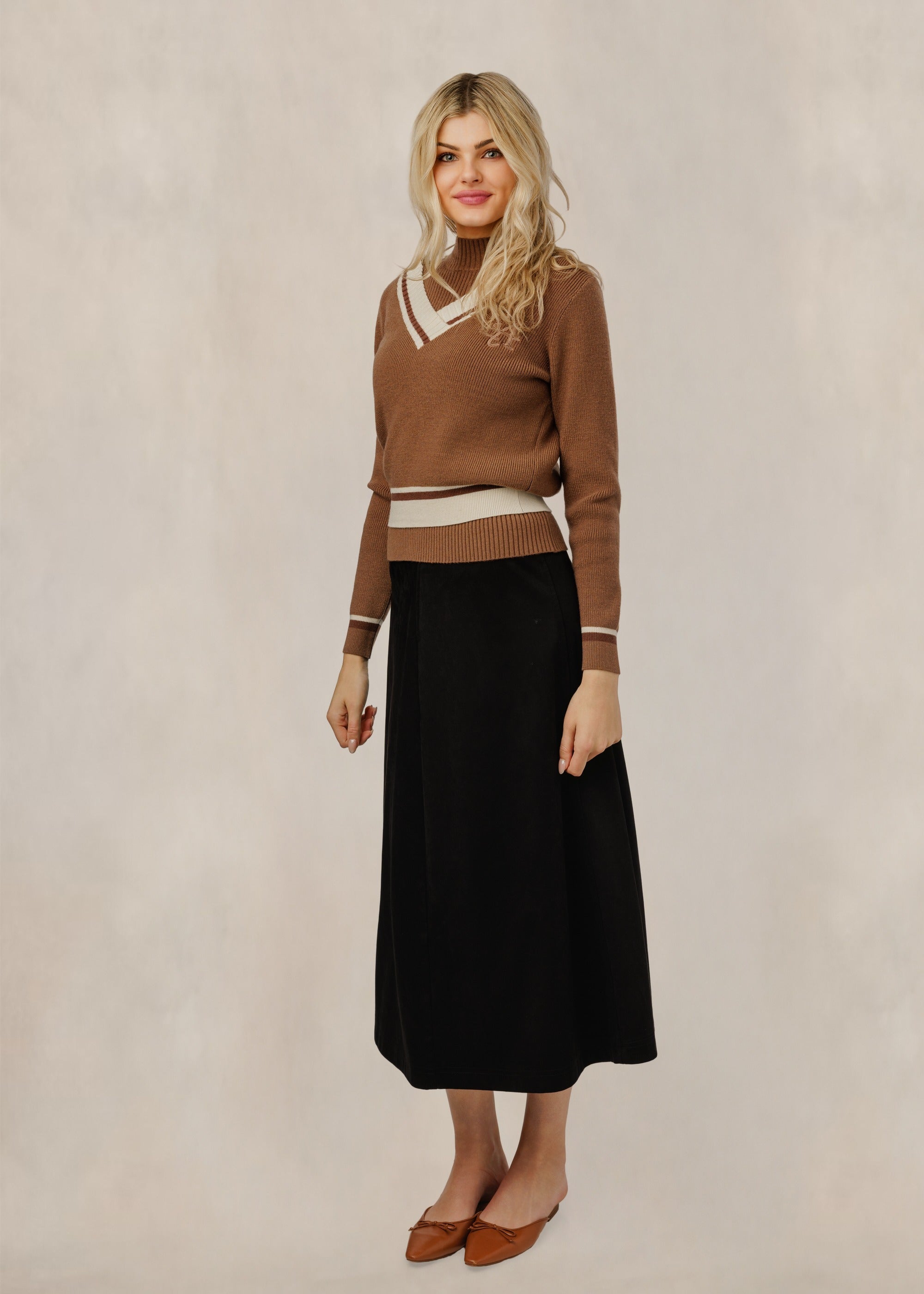 Sweater W/ Layered Mock Neck & Contrast V-Neck Stripe - Caramel