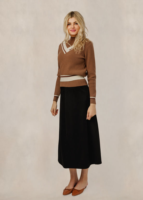Sweater W/ Layered Mock Neck & Contrast V-Neck Stripe - Caramel