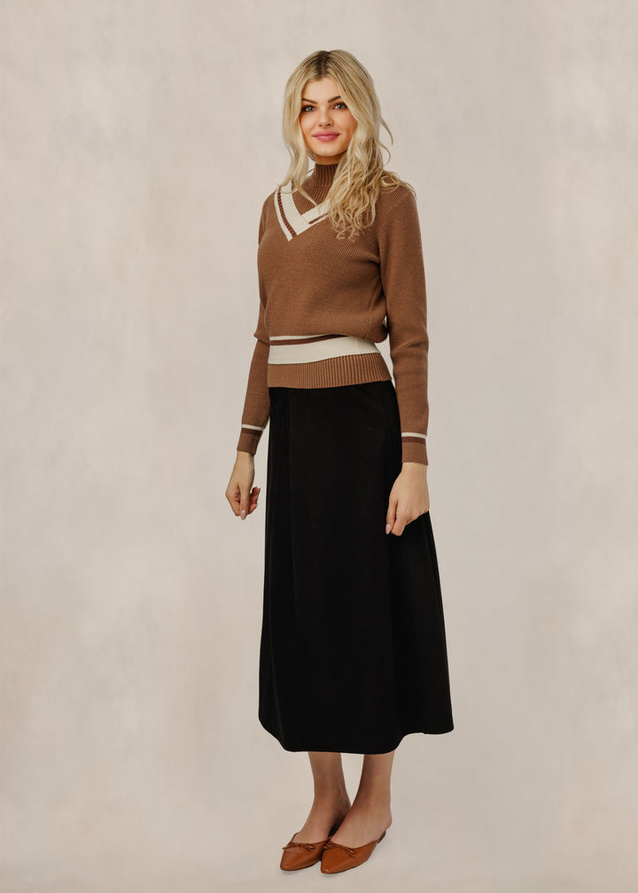 Sweater W/ Layered Mock Neck & Contrast V-Neck Stripe - Caramel