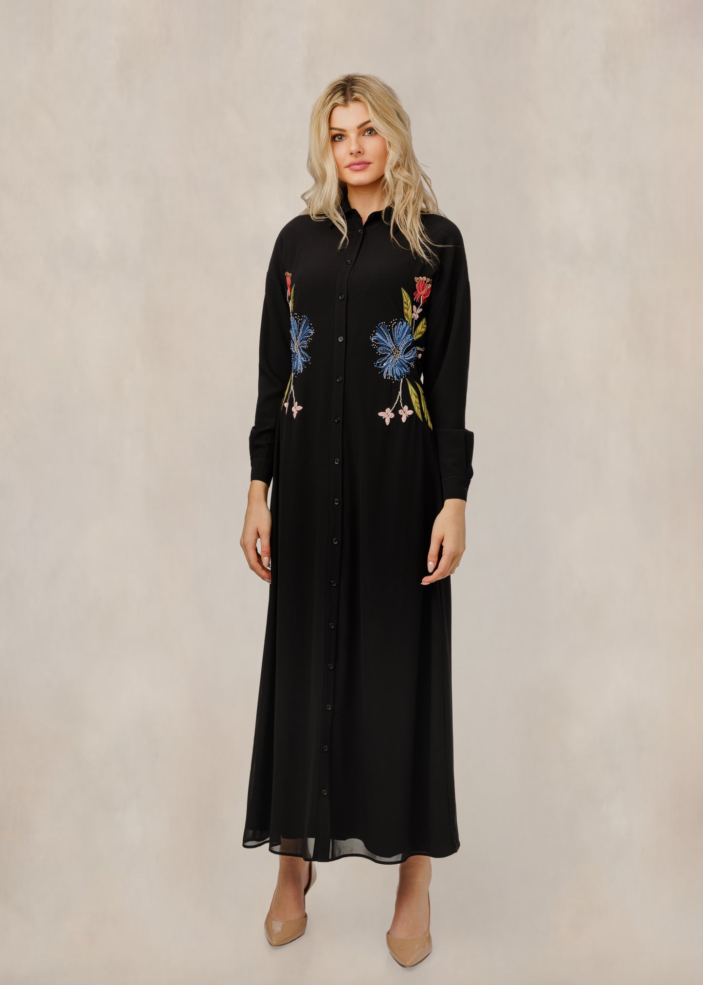 Black Tie Front Dress With Floral Embroidery