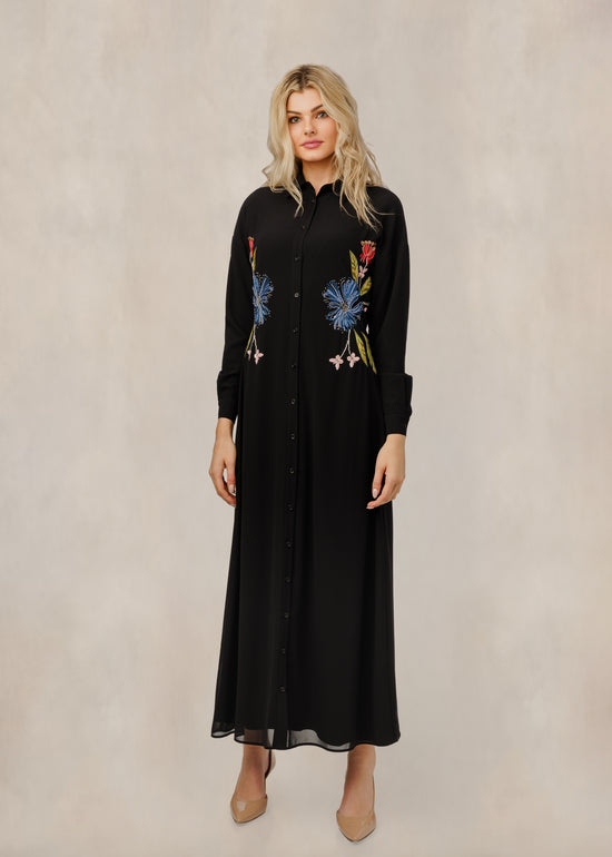 Black Tie Front Dress With Floral Embroidery