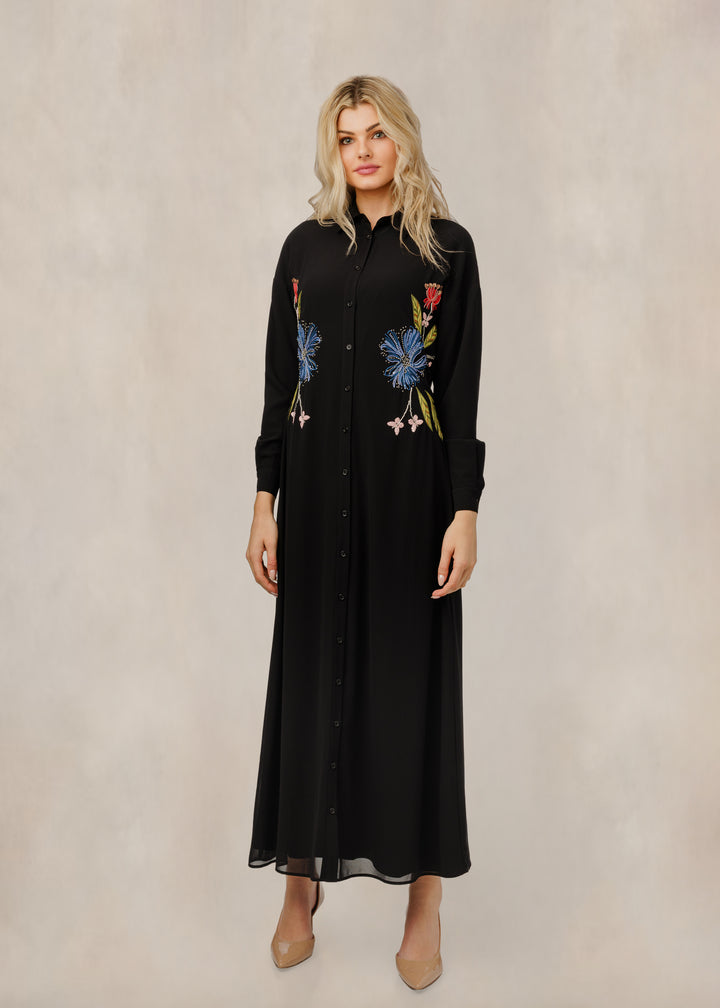 Black Tie Front Dress With Floral Embroidery