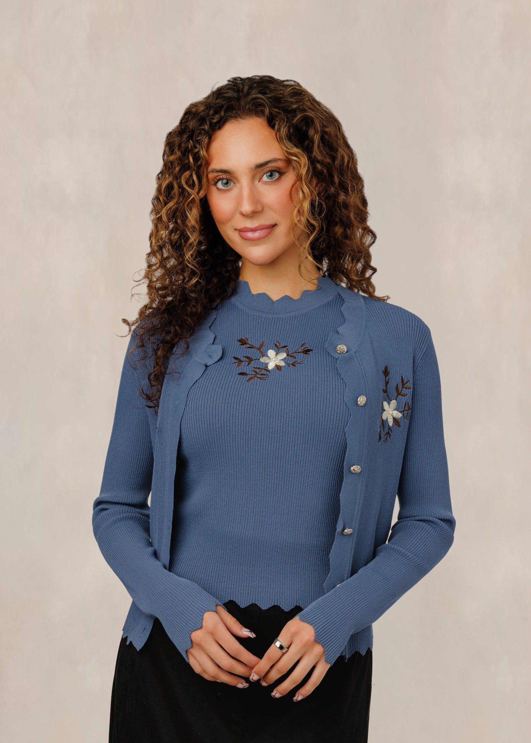 Embroidered Blue Scallop Edge Top & Cardigan