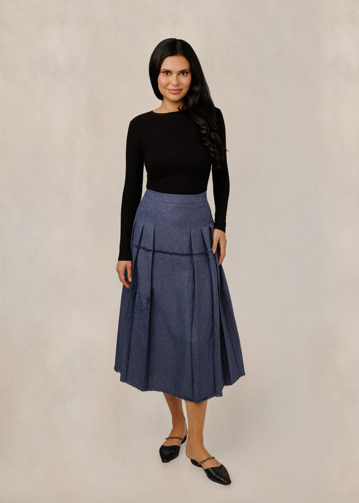Blue Raw Edge Seam Pleated Skirt