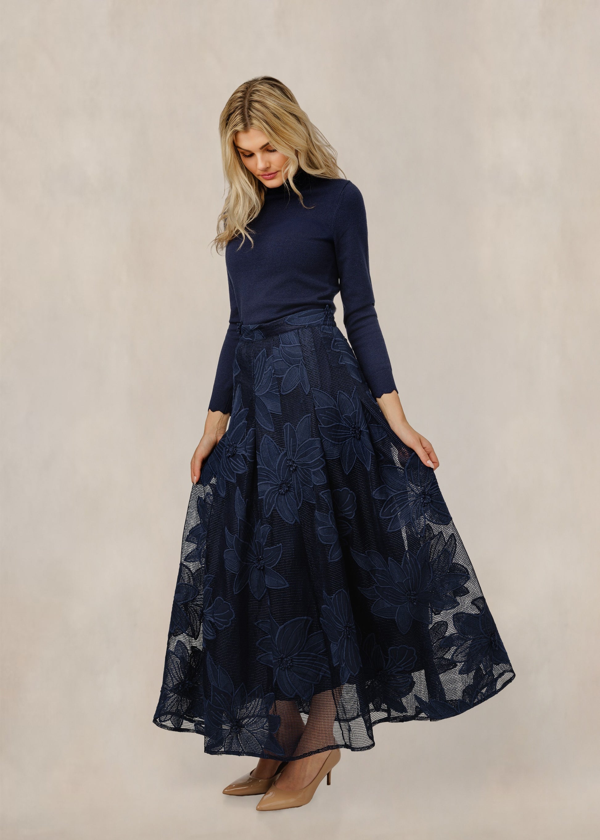 Embroidered Floral Design Skirt - Navy Blue