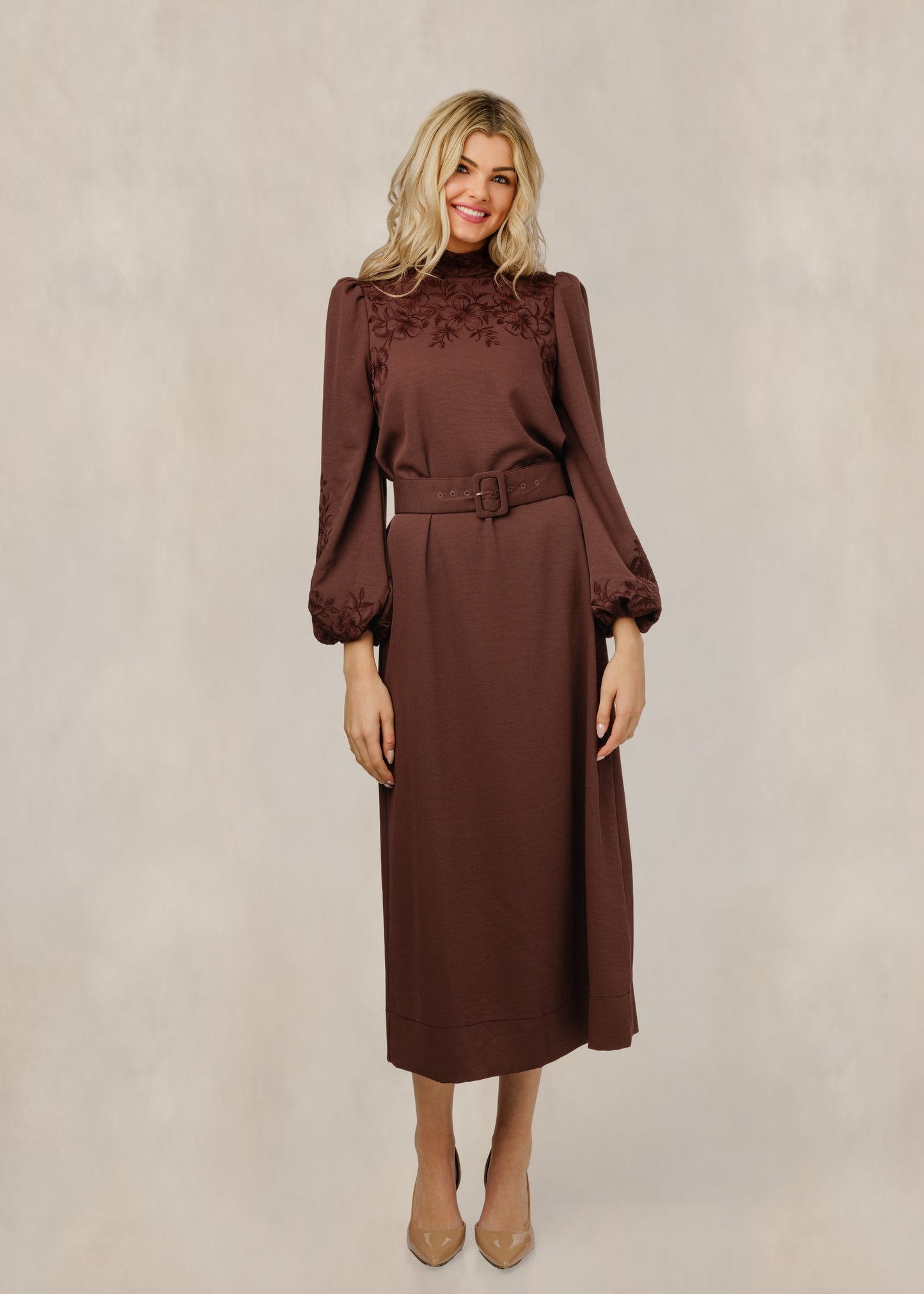 Brown Dress With Belt And Floral Design