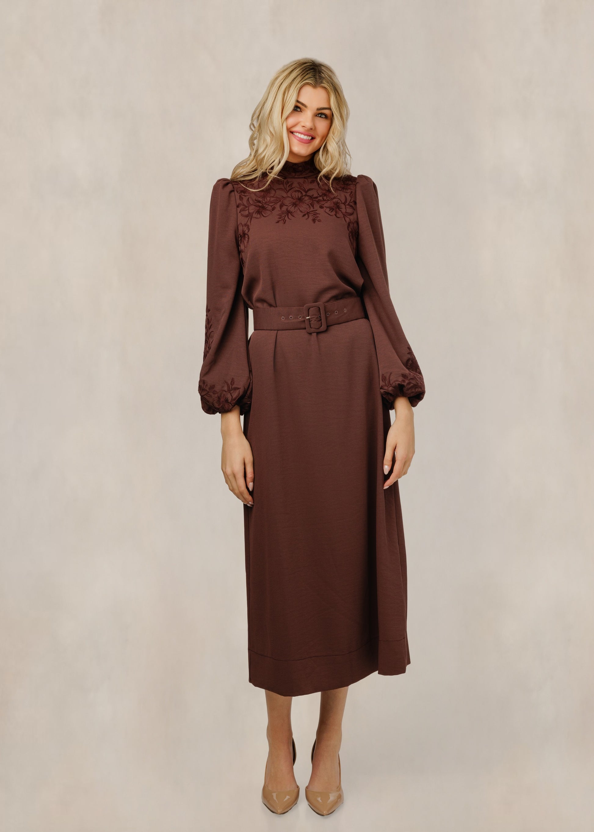 Brown Dress With Belt And Floral Design