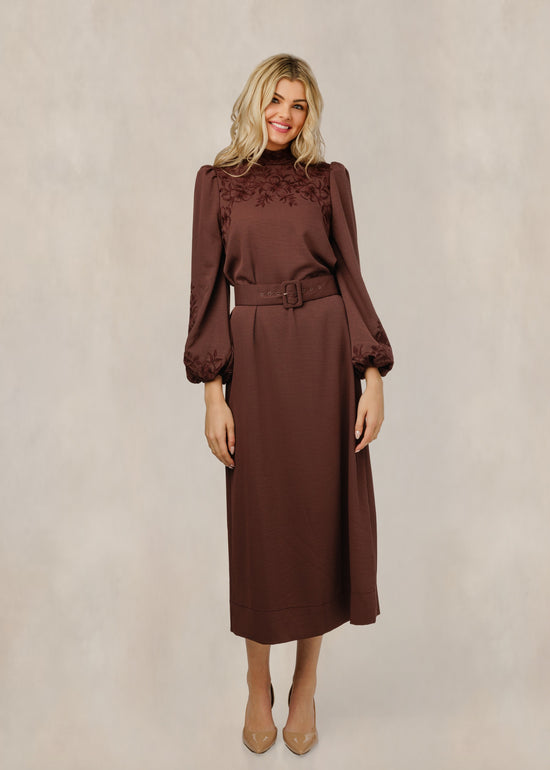 Brown Dress With Belt And Floral Design