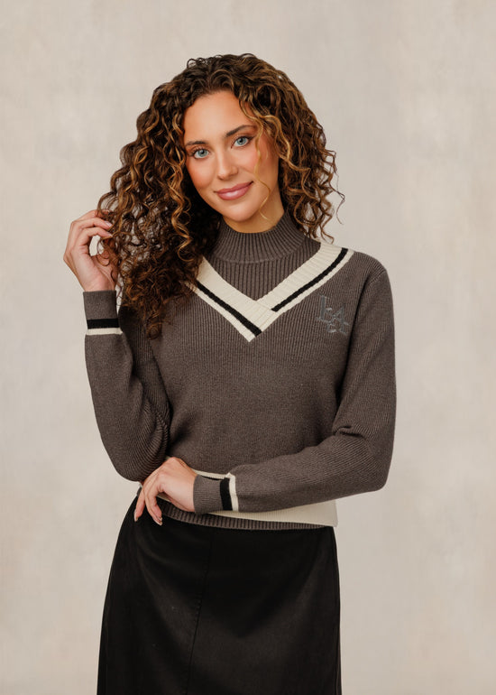 Sweater W/ Layered Mock Neck & Contrast V-Neck Stripe - Taupe