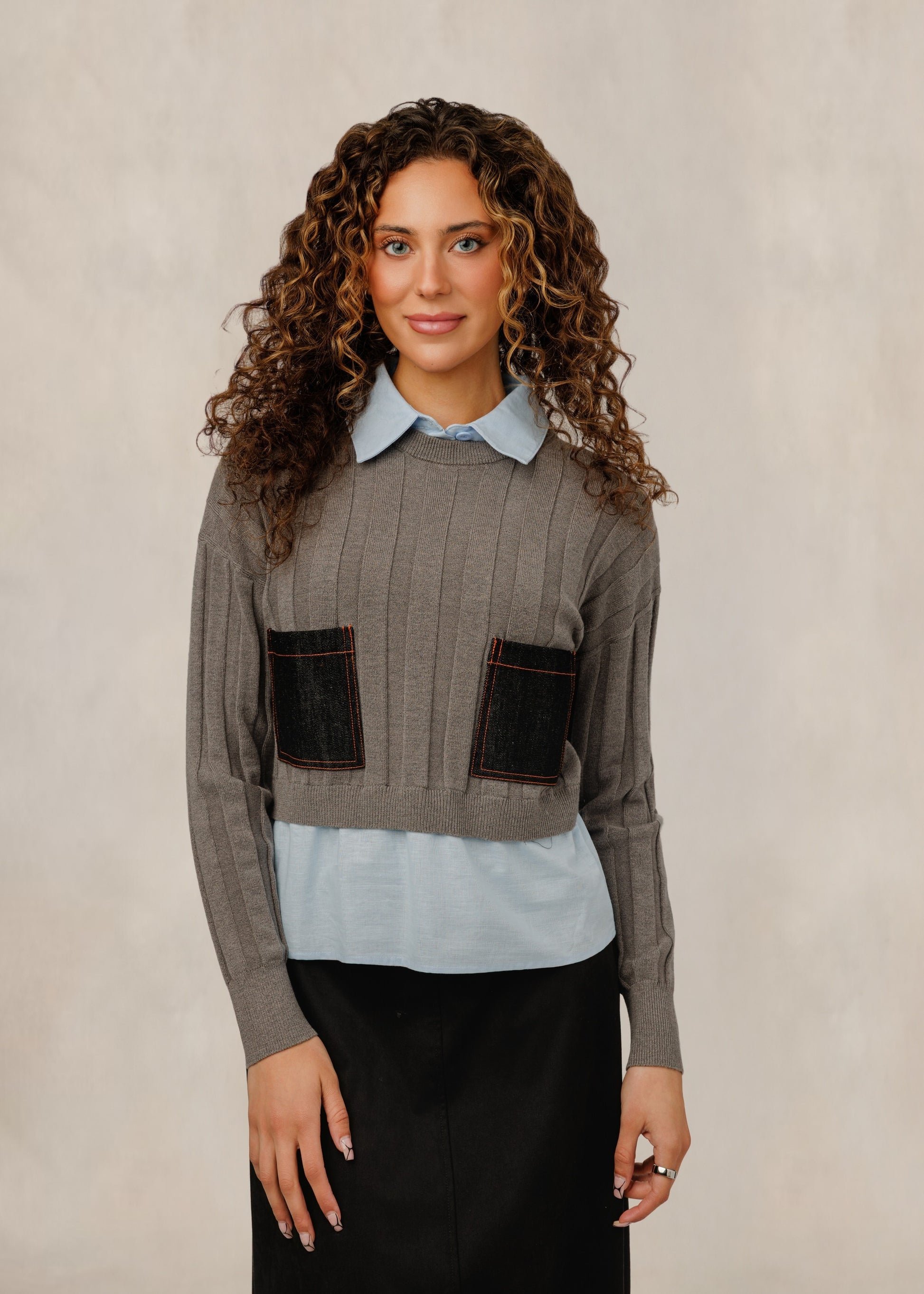 Grey Ribbed Knit Top W/ Denim Pockets & Blue Shirt Layer