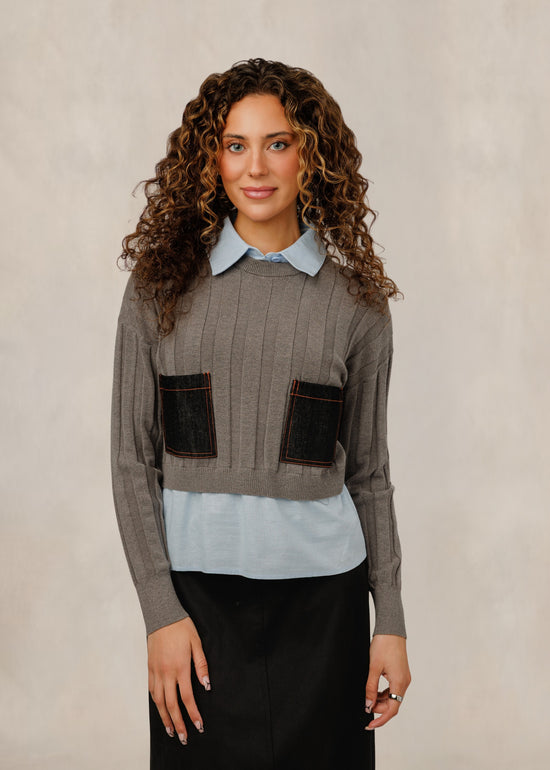 Grey Ribbed Knit Top W/ Denim Pockets & Blue Shirt Layer