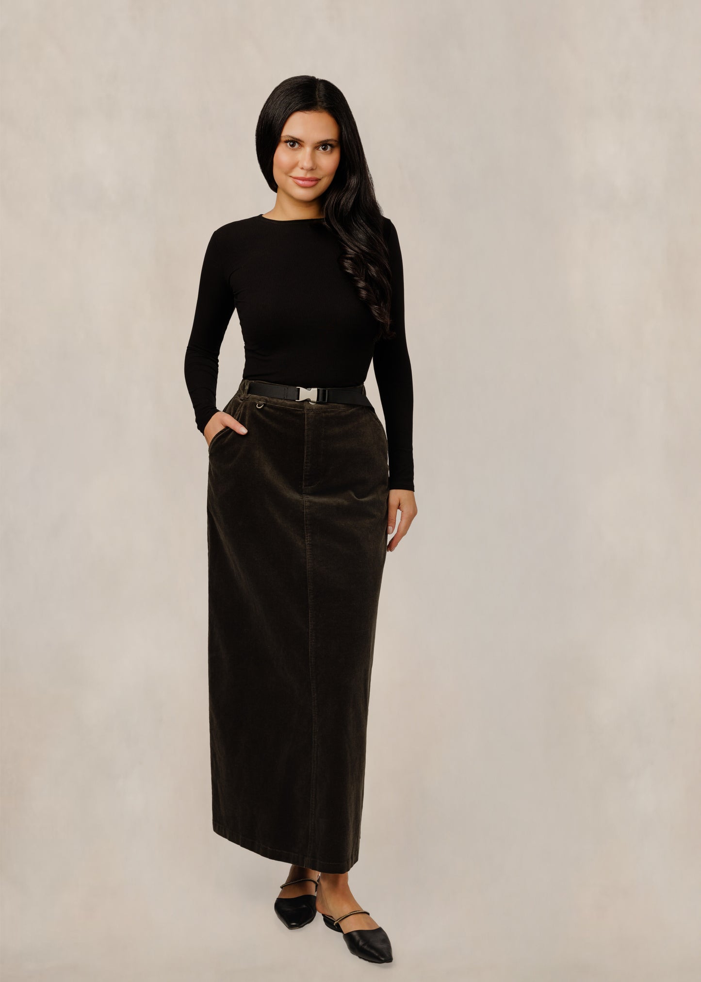 Column Skirt W/ Buckle Belt - Espresso