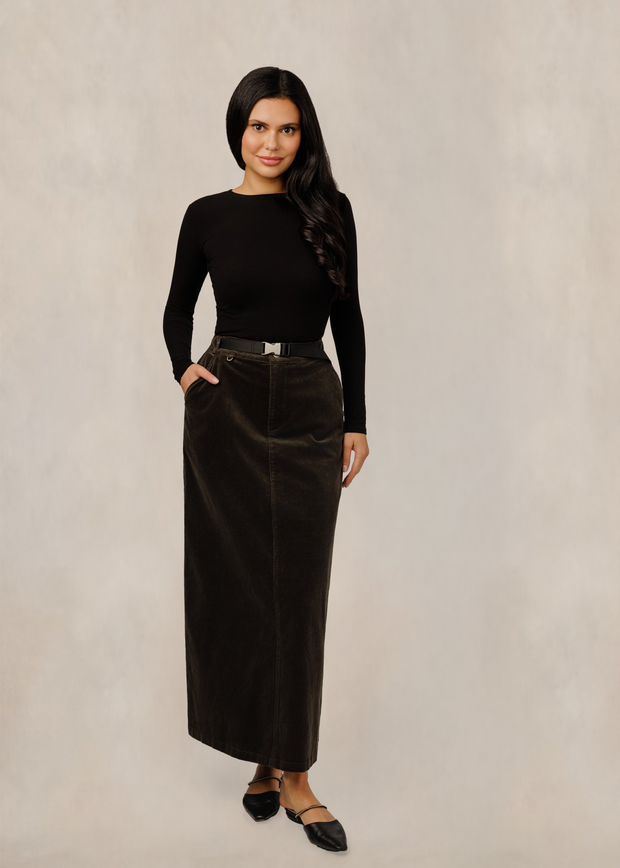 Column Skirt W/ Buckle Belt - Espresso