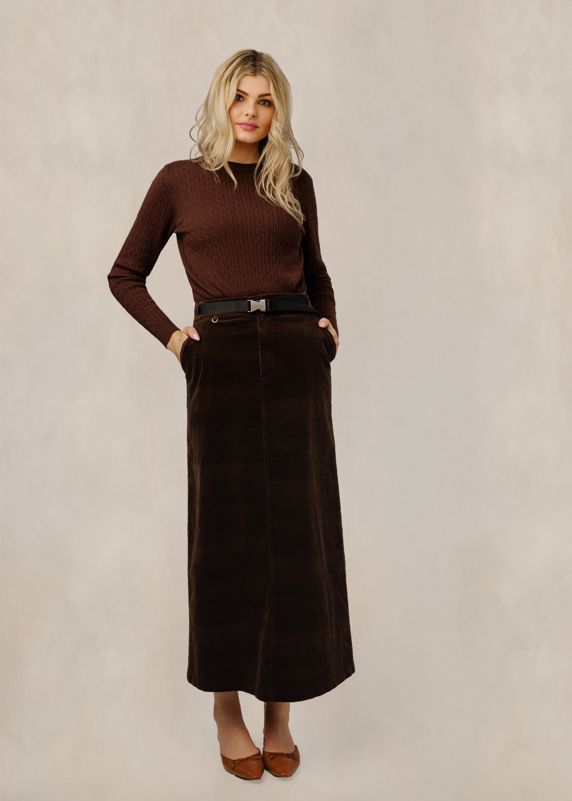 Column Skirt W/ Buckle Belt - Chocolate