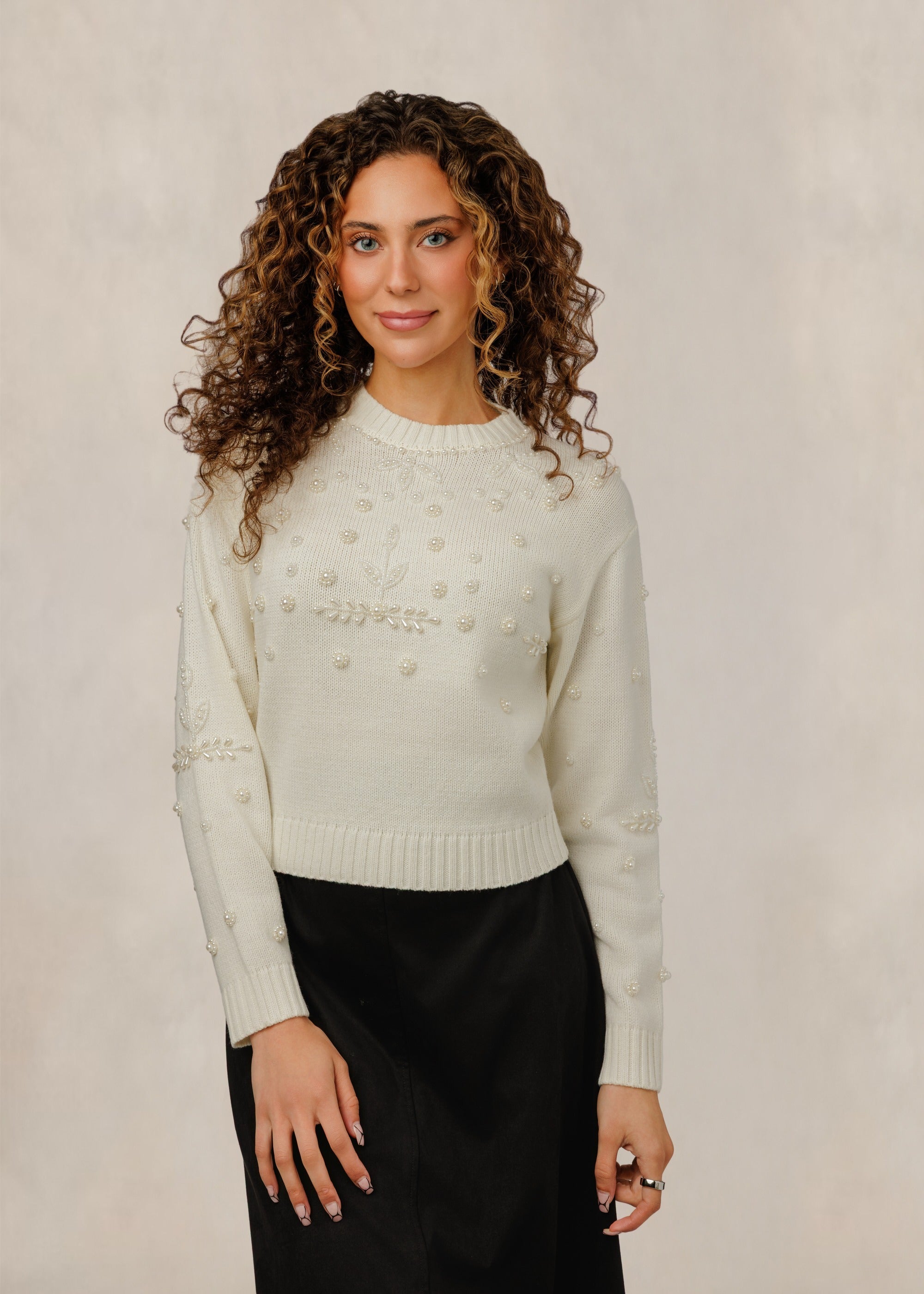 Ivory Pearl-Embellished Knit Sweater