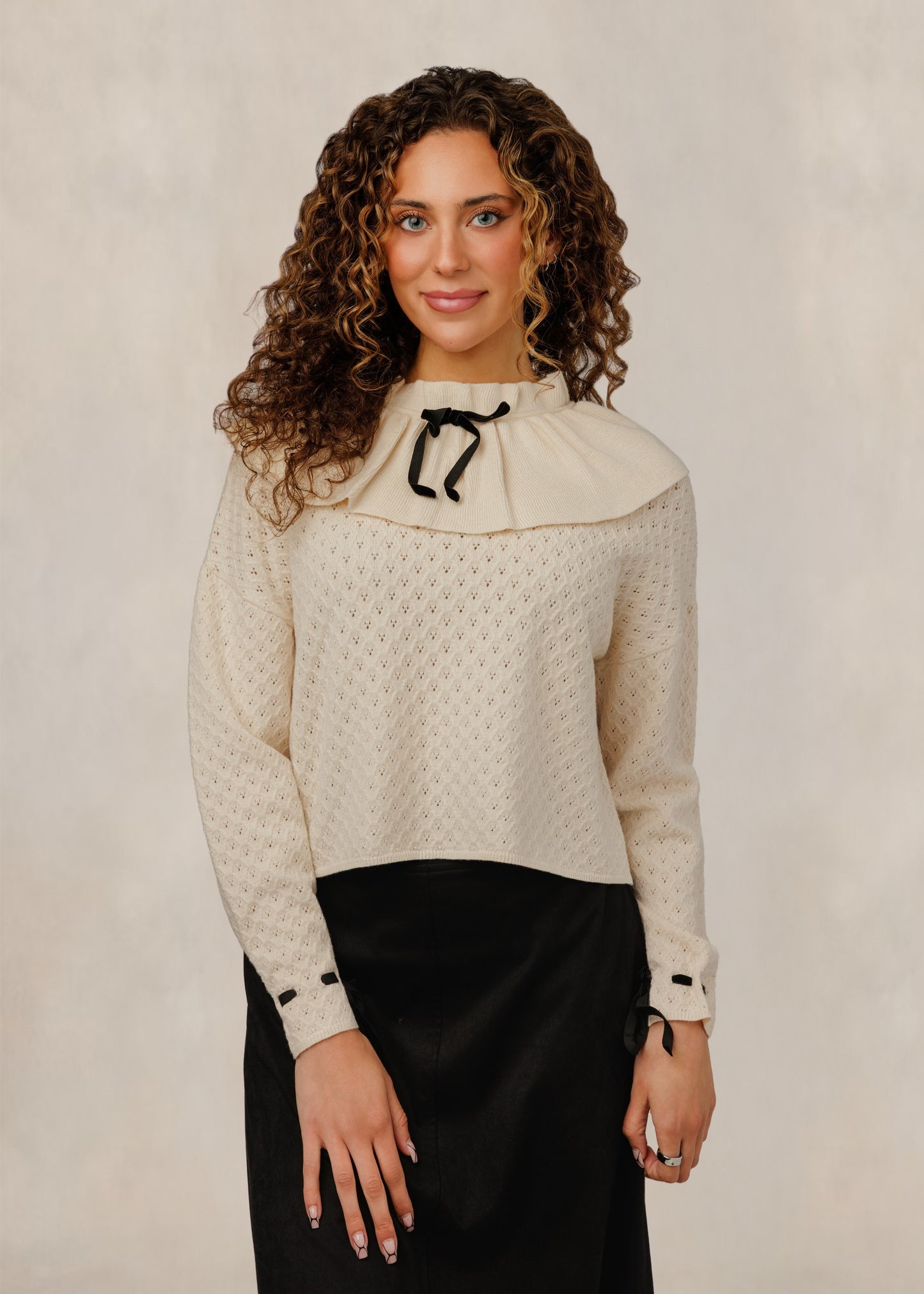 Beige Pointelle Cape-Collar Knit Top W/ Bow Detail