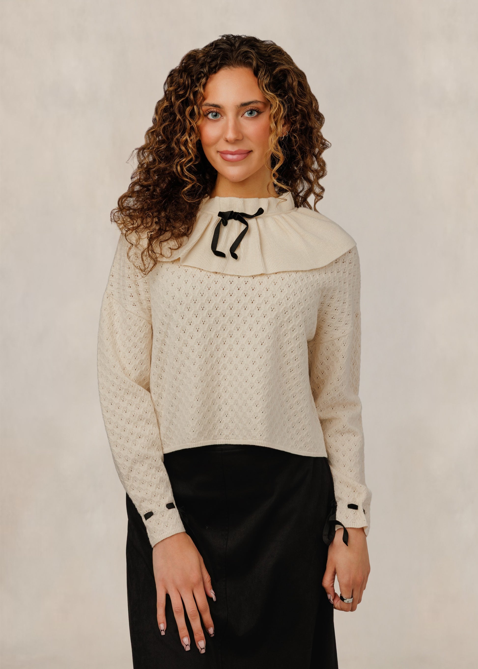 Beige Pointelle Cape-Collar Knit Top W/ Bow Detail