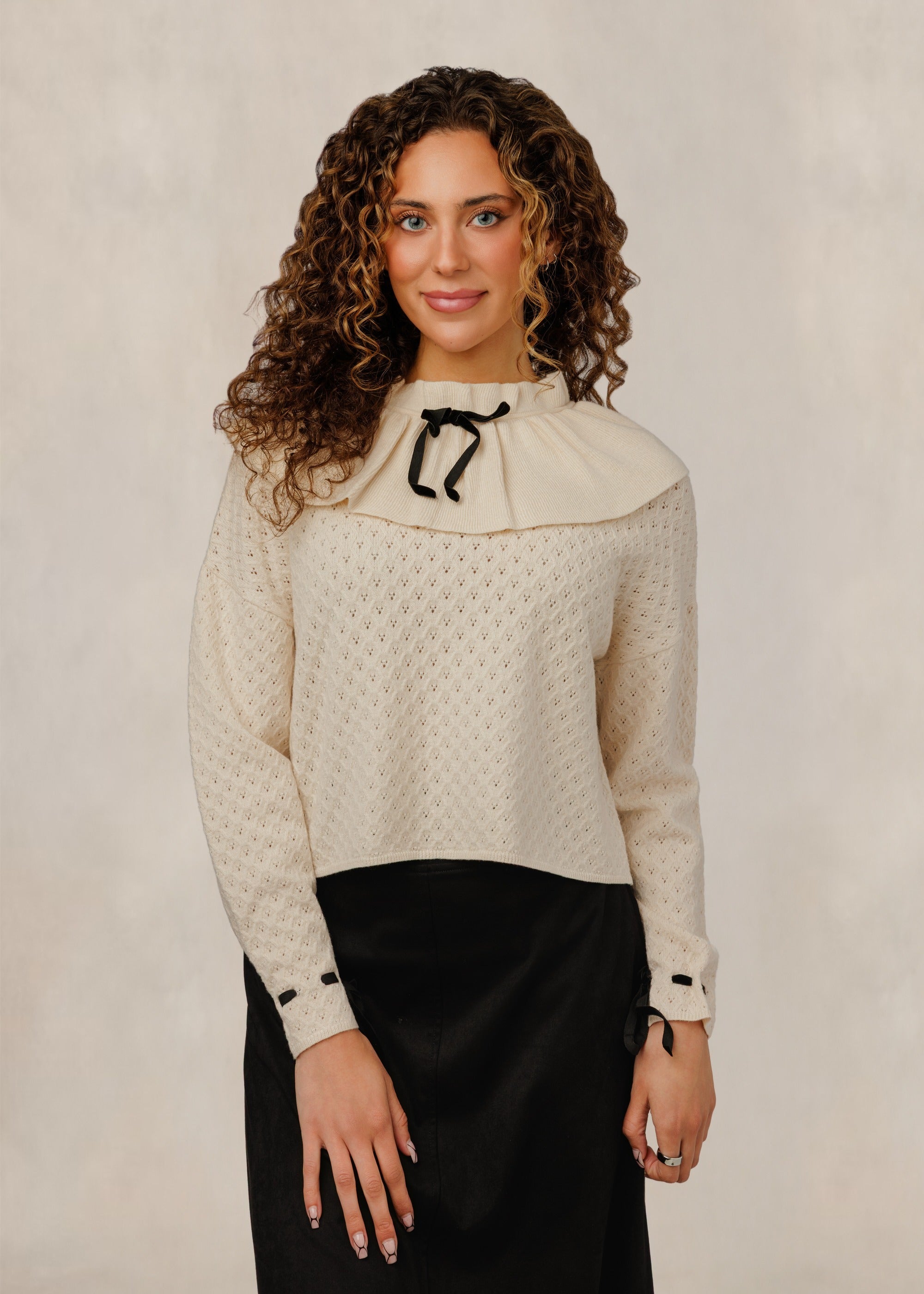 Beige Pointelle Cape-Collar Knit Top W/ Bow Detail