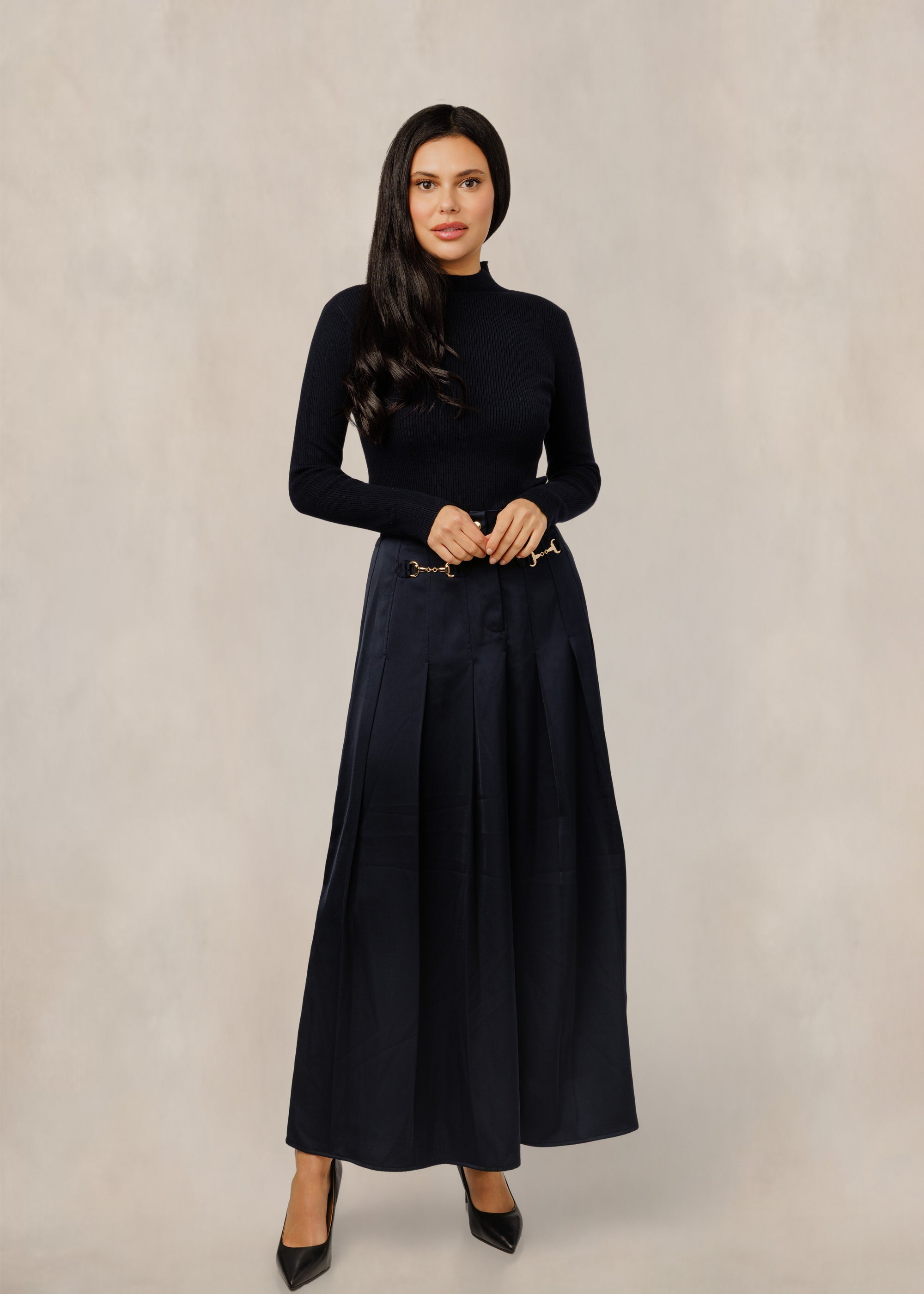 Navy Blue Skirt With Gold Chain Accents