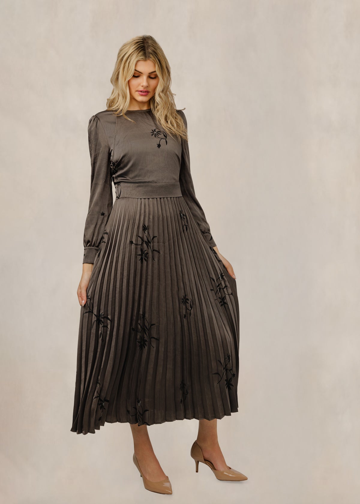 Taupe Satin Pleated Floral Dress W/ Cuff Sleeve