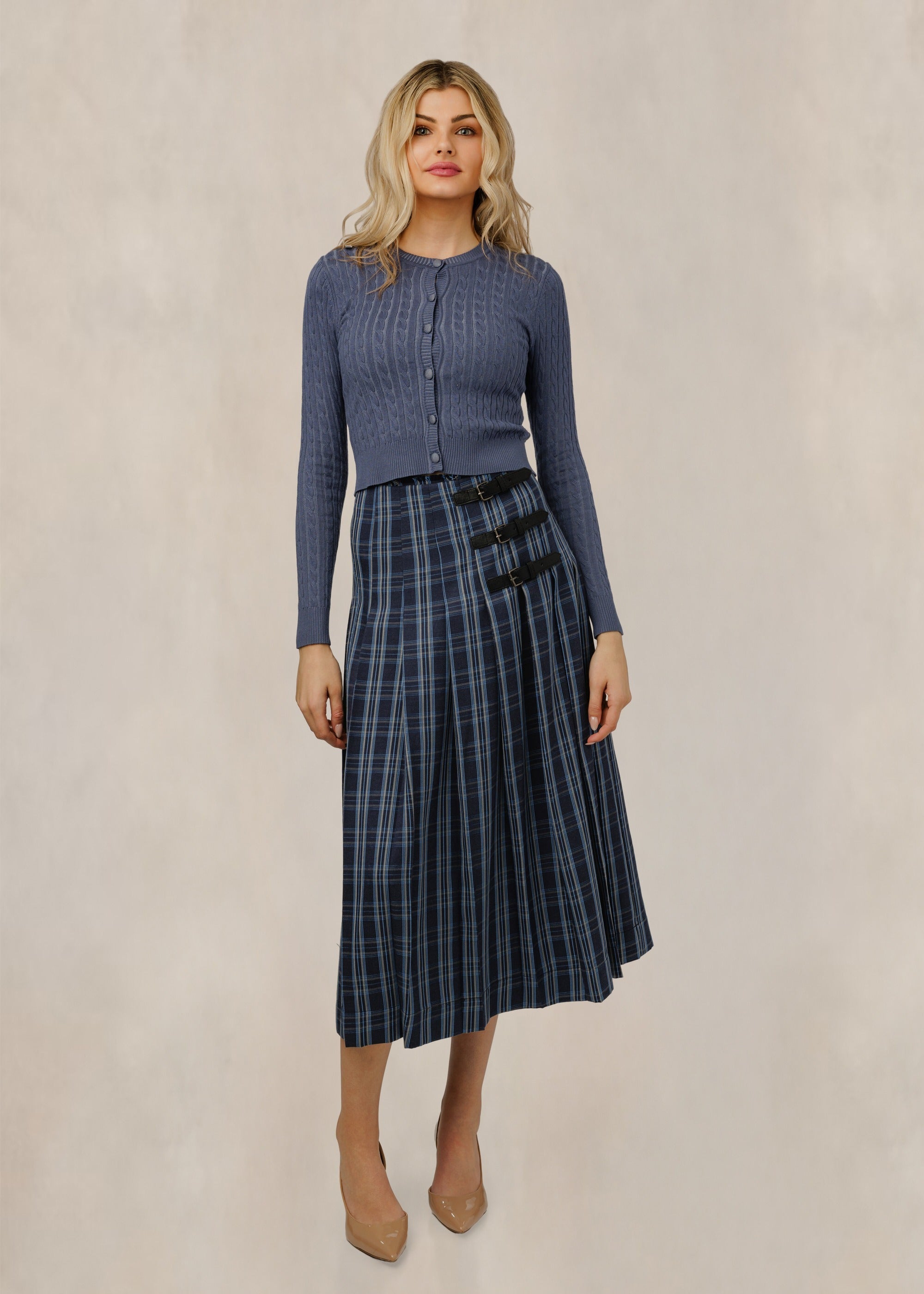 Blue Plaid Pleated Buckle Detail Skirt