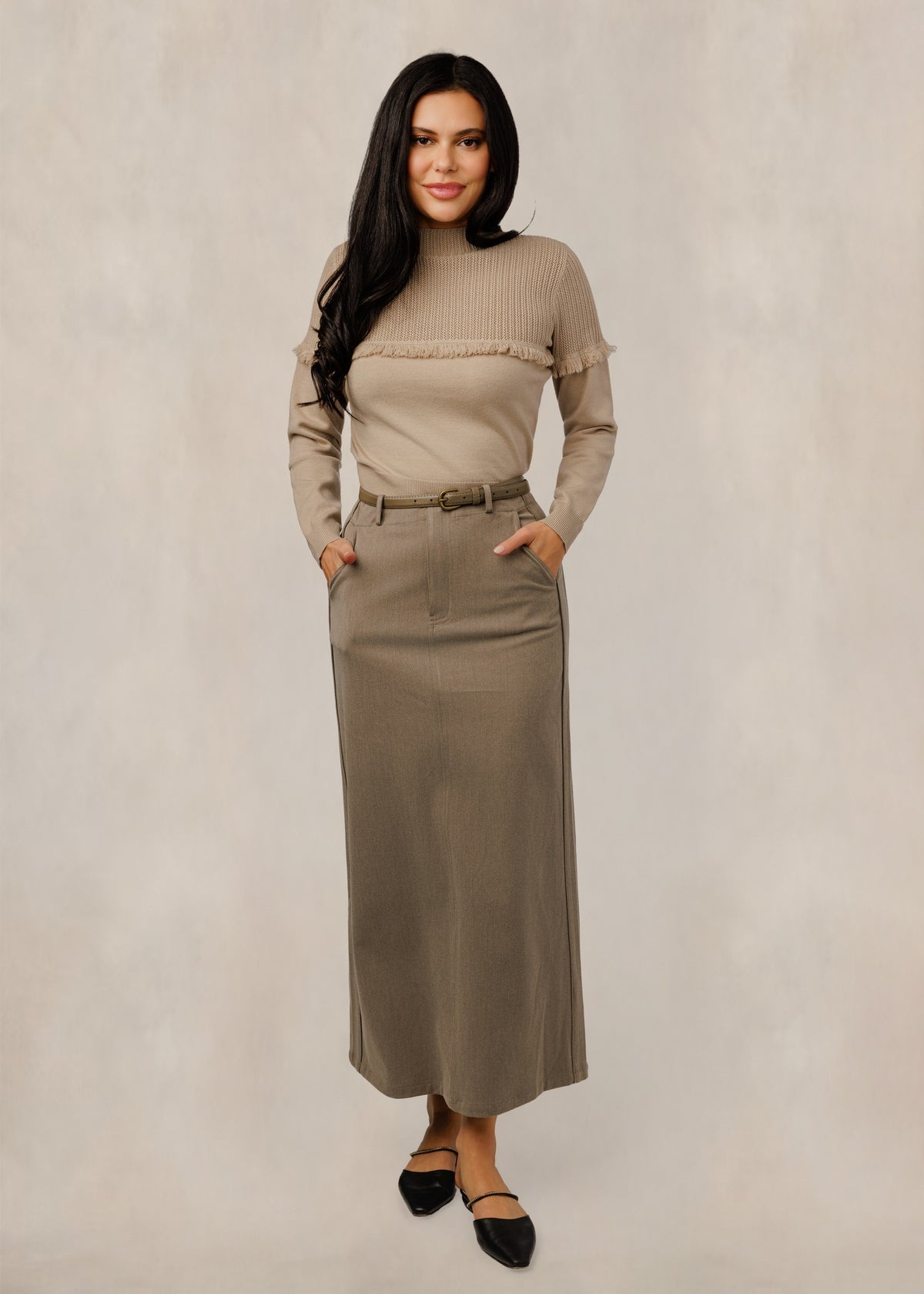 Tan Skirt With Belt And Pockets