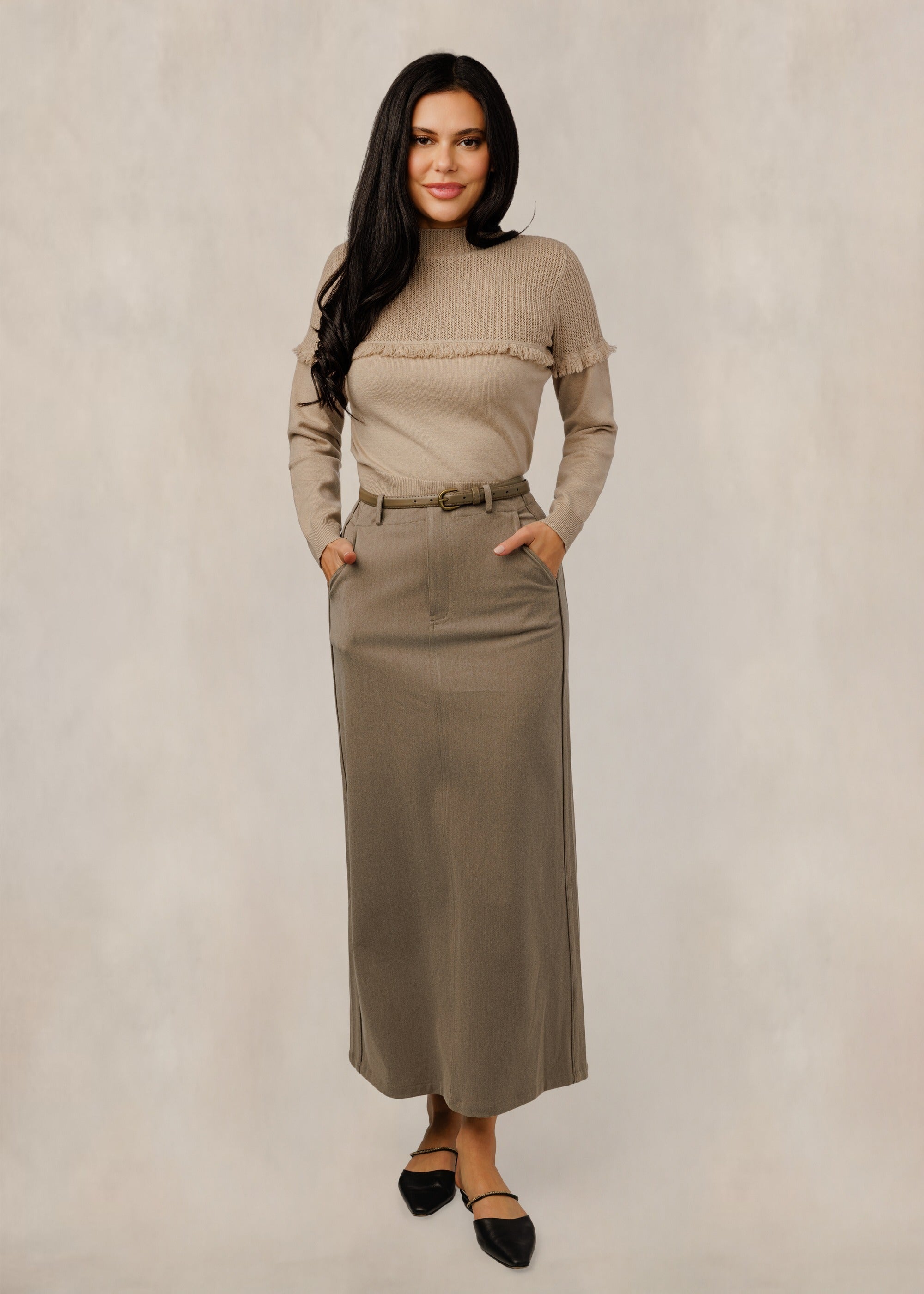 Tan Skirt With Belt And Pockets