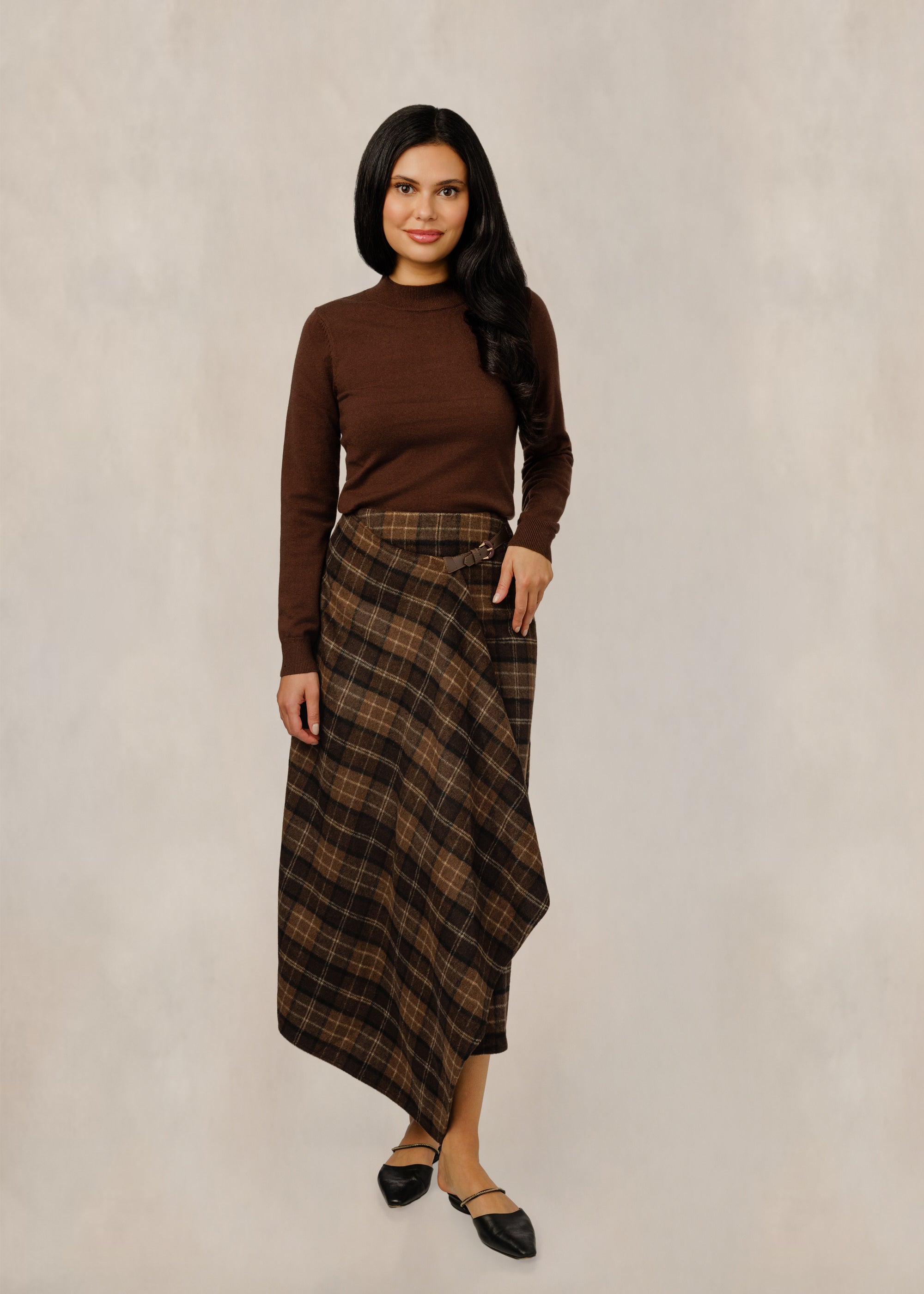 Brown Plaid Asymmetrical Skirt With Belt