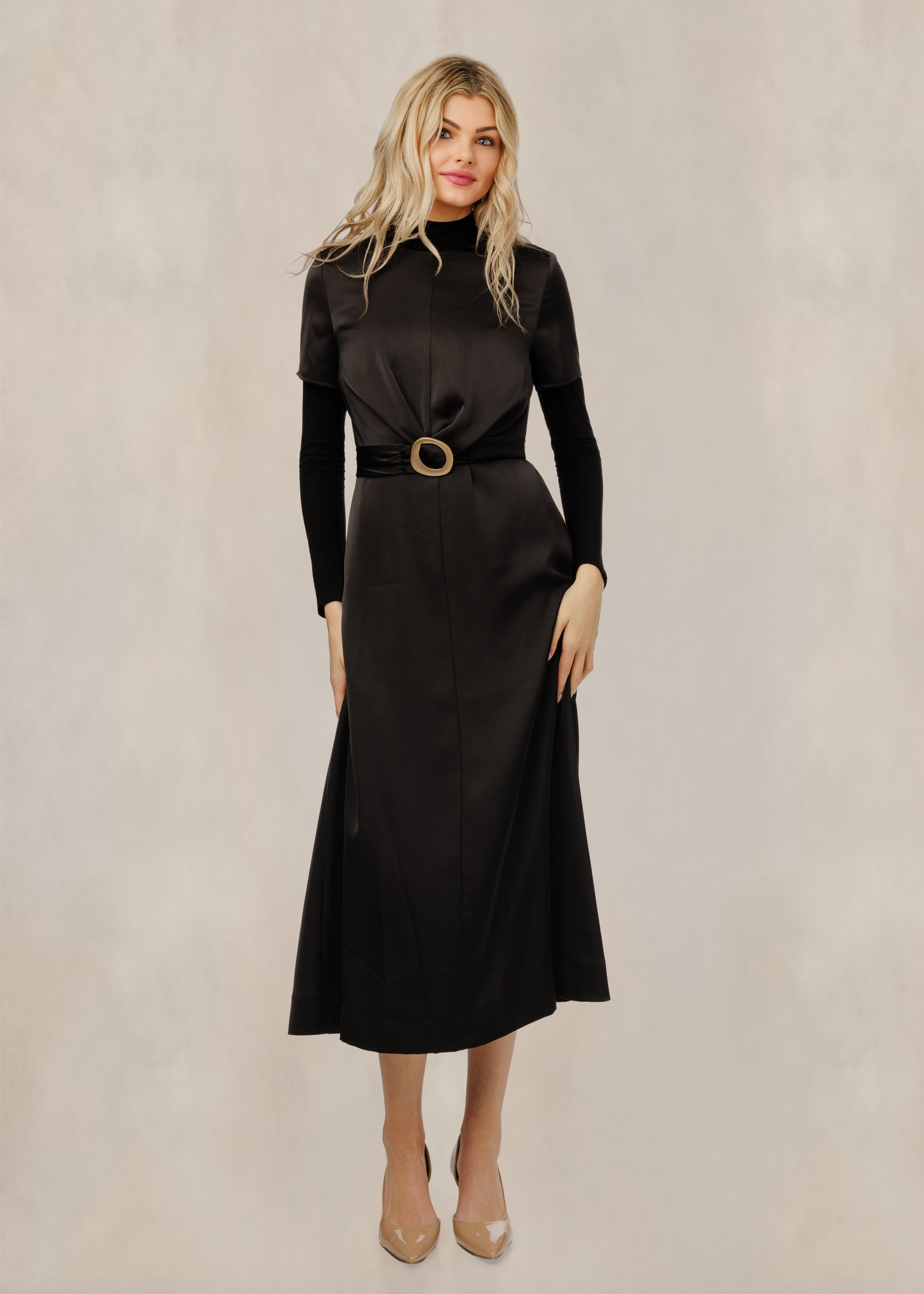 Silky Dress With Belt - Black