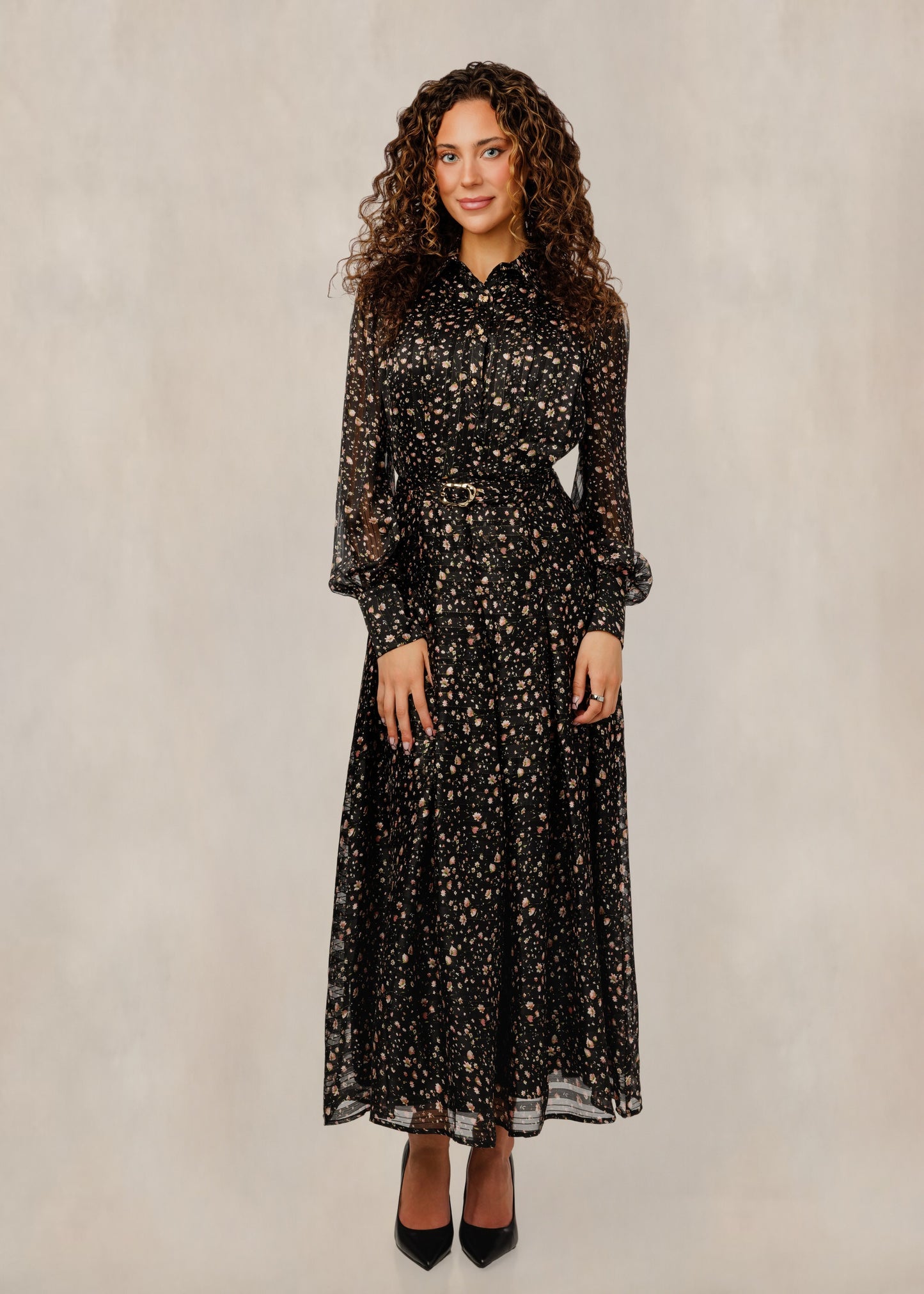 Black Floral Printed Chiffon Dress