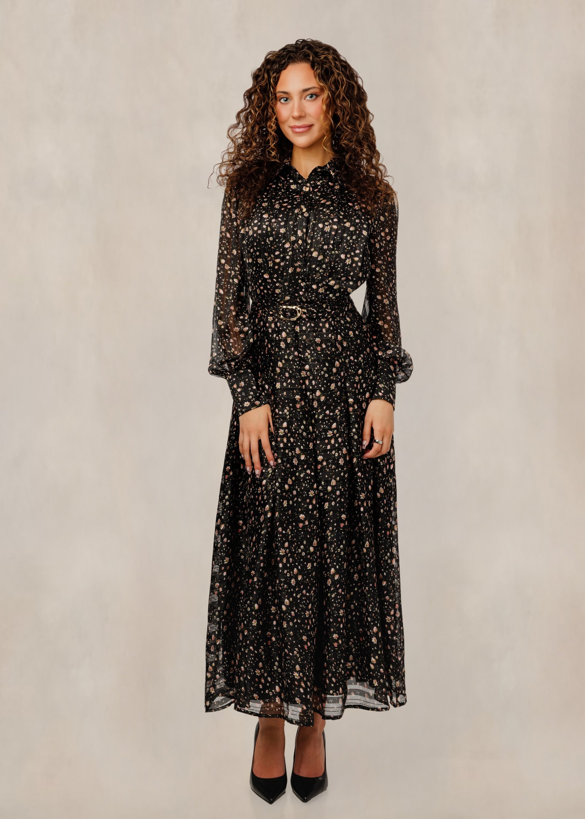 Black Floral Printed Chiffon Dress